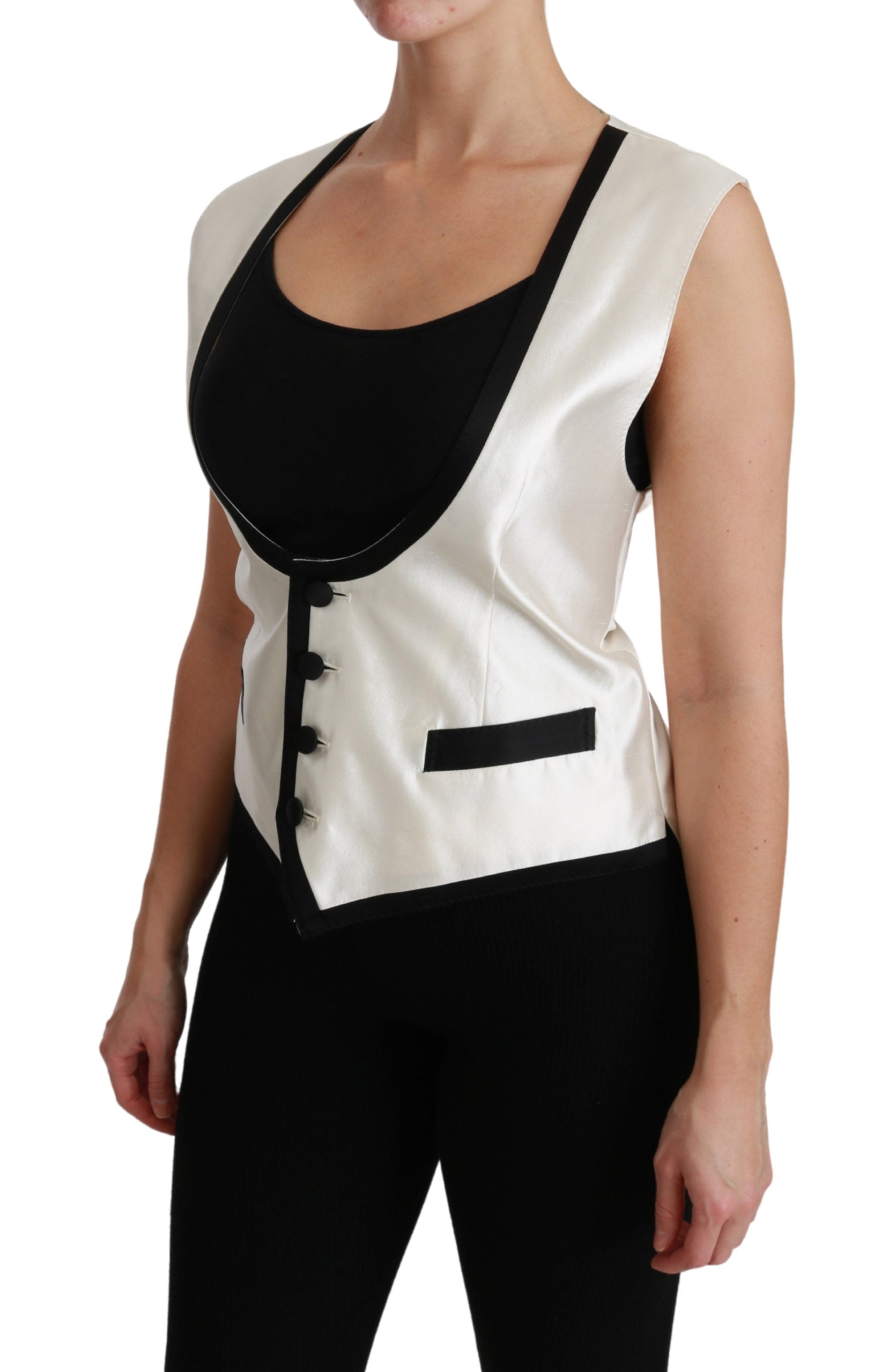 Dolce & Gabbana White Waistcoat Slim Vest Silk Top