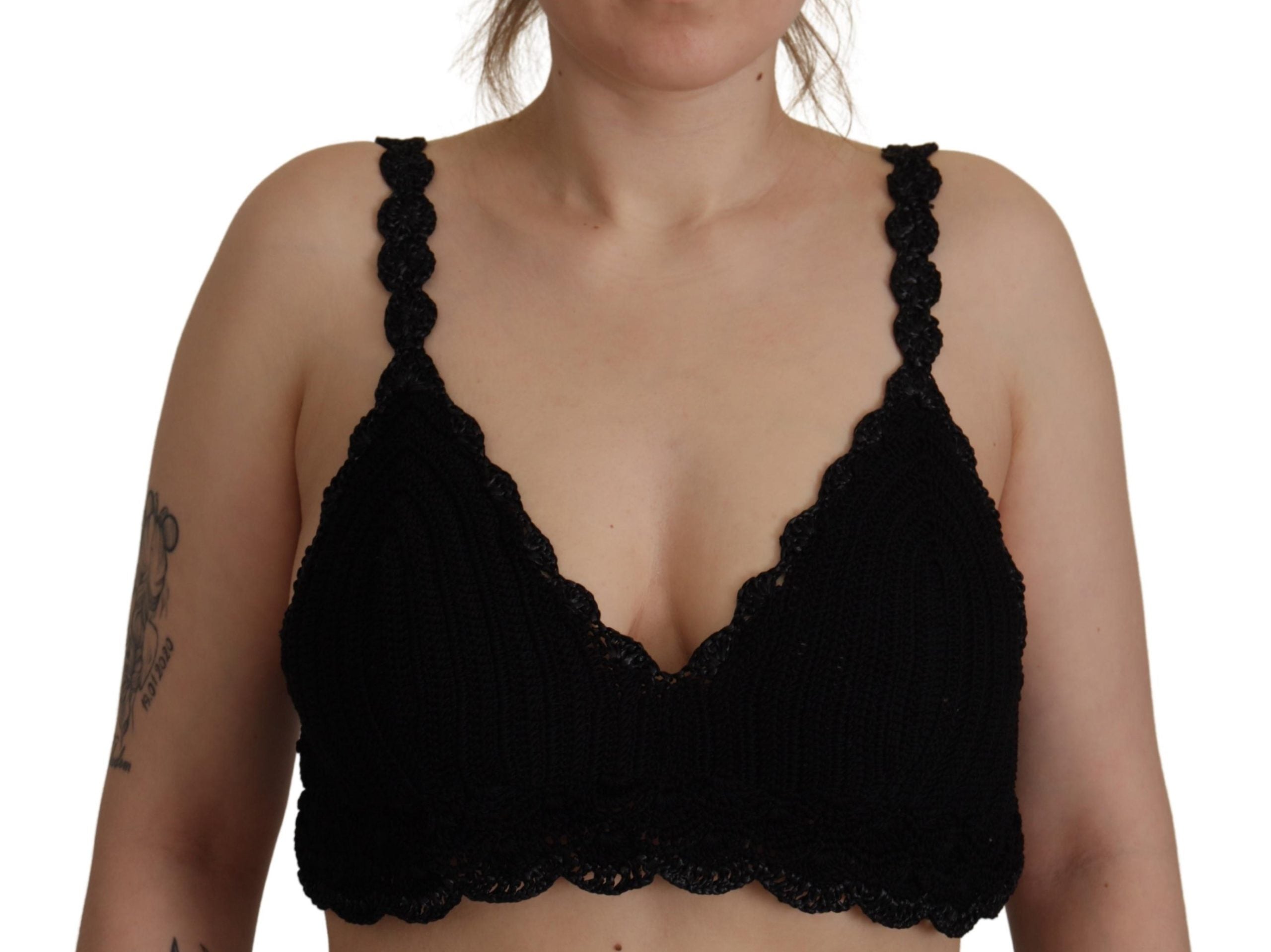 Dolce & Gabbana Black Cotton Bustier Cropped Crochet Tank Top