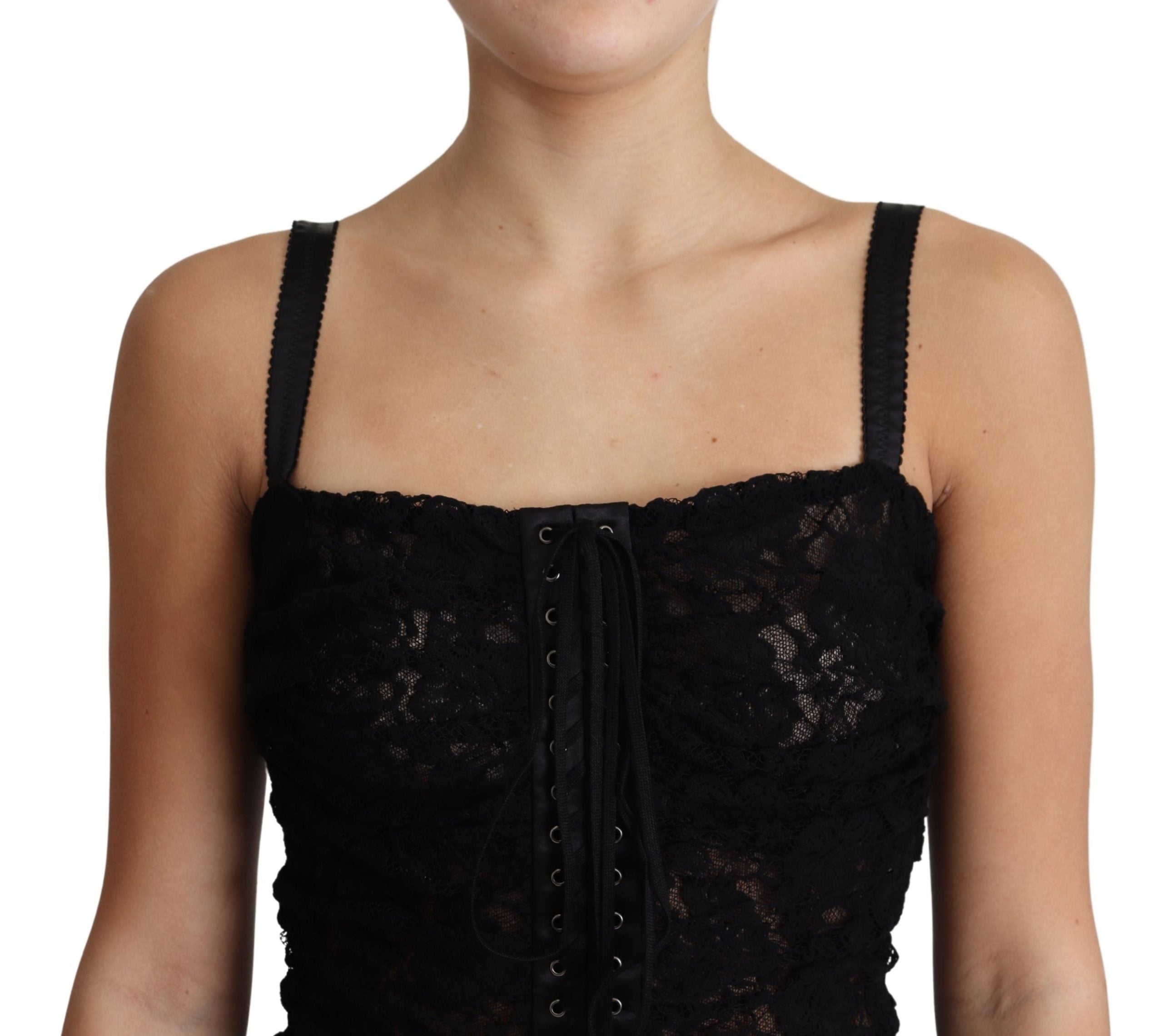 Dolce & Gabbana Black Lace Up Floral Corset Bustier Mini Dress