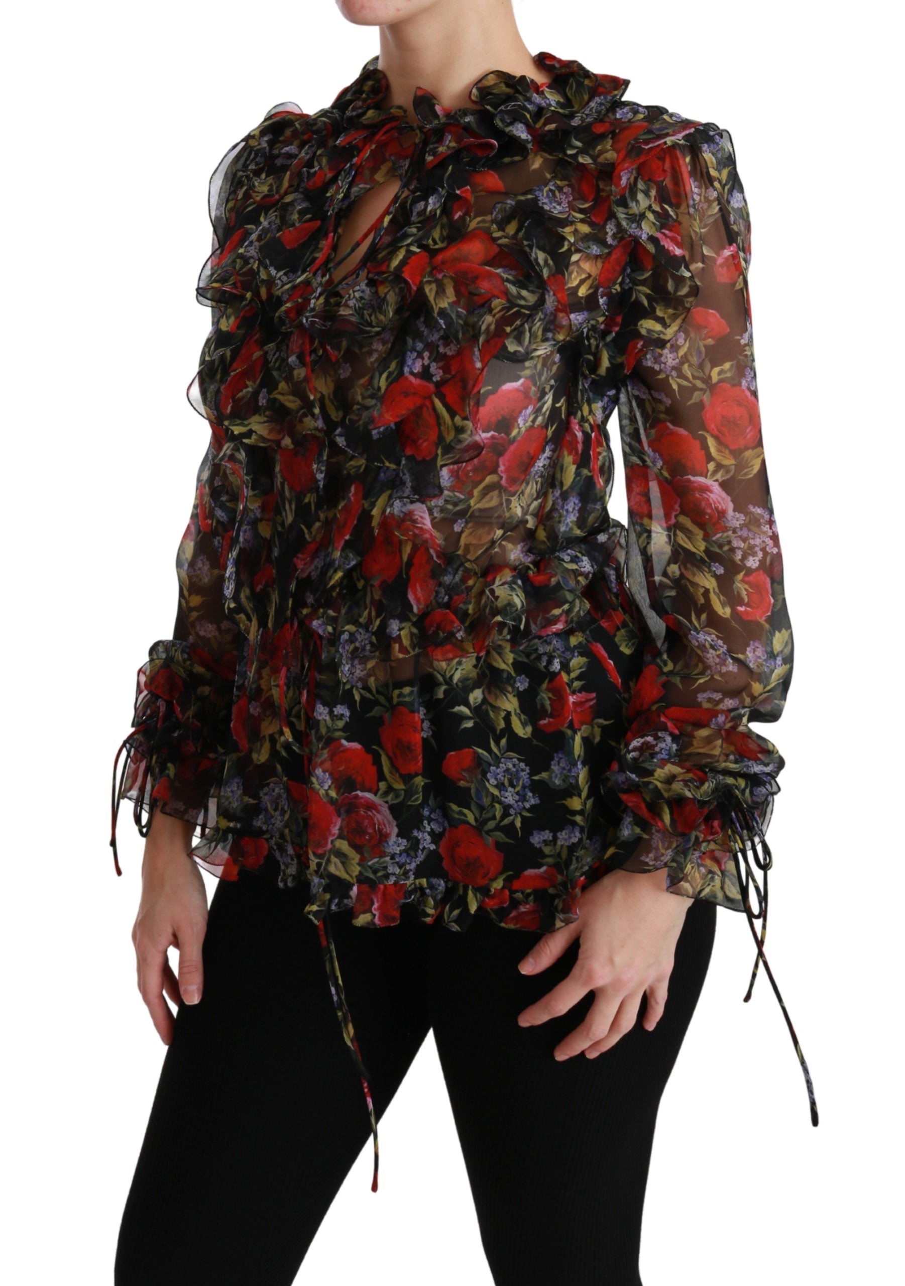 Dolce & Gabbana Black Floral Roses Blouse Silk Top