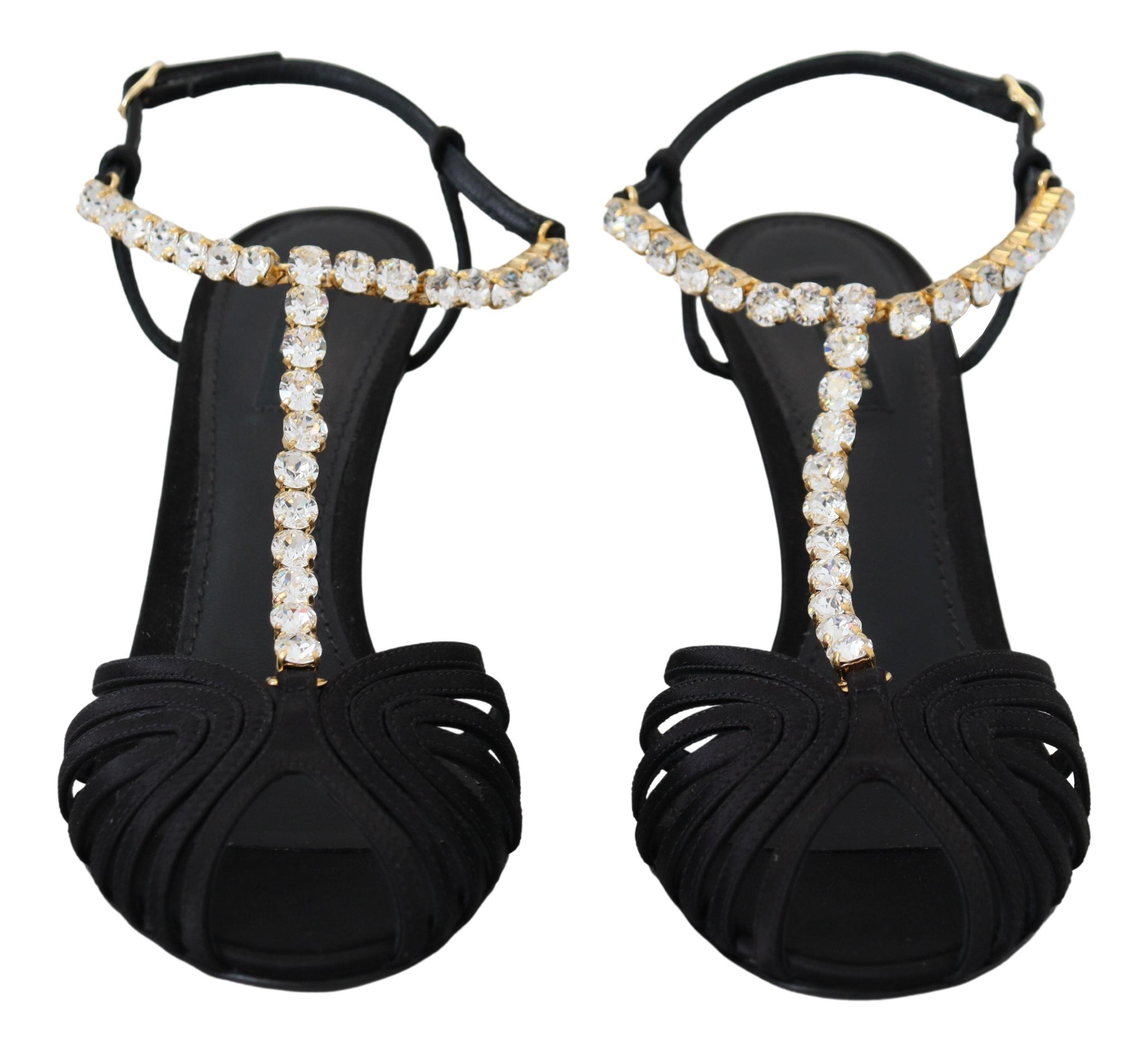 Dolce & Gabbana Black Satin Clear Crystal T-strap Sandal Shoes