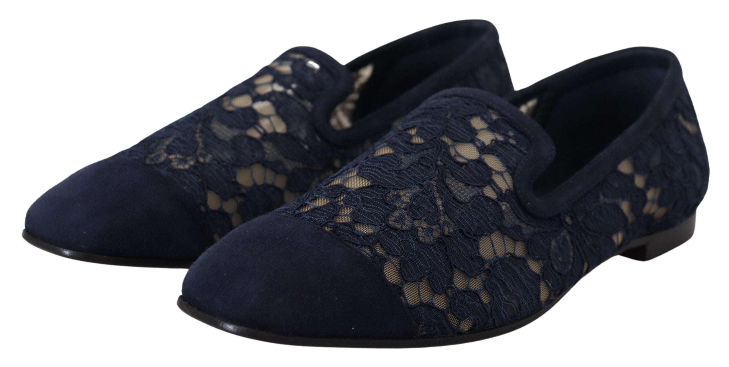 Dolce & Gabbana Blue Floral Lace Slip Ons Loafers Flats Shoes