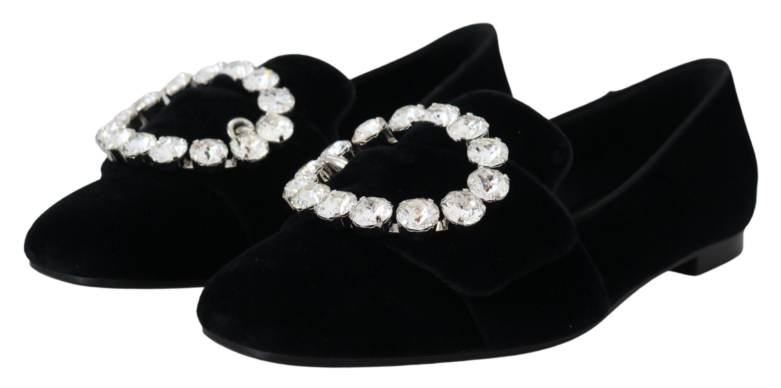 Dolce & Gabbana Black Velvet Crystals Loafers Flats Shoes