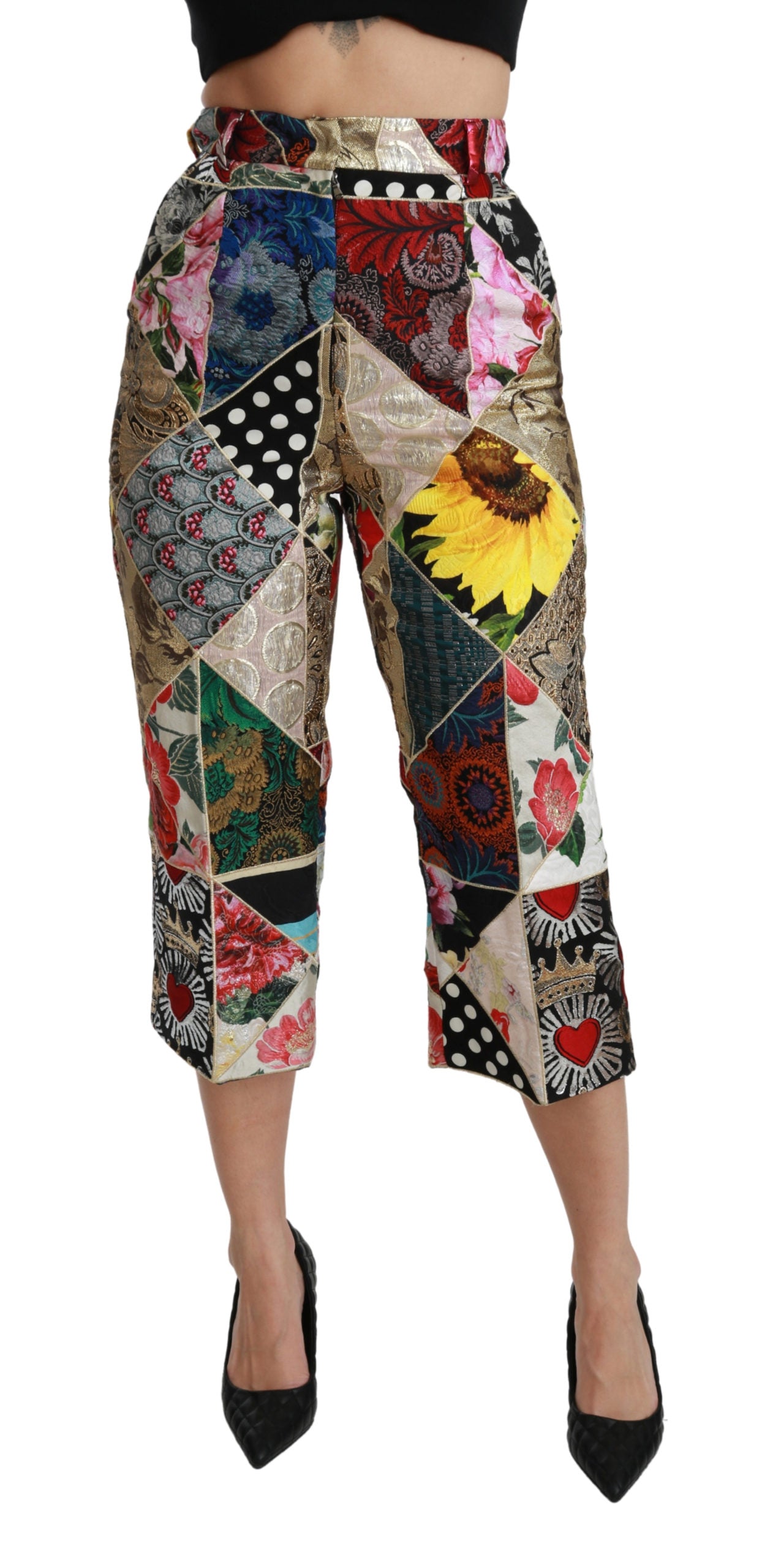 Dolce & Gabbana Silk Multicolor Print High Waist Cropped Pants