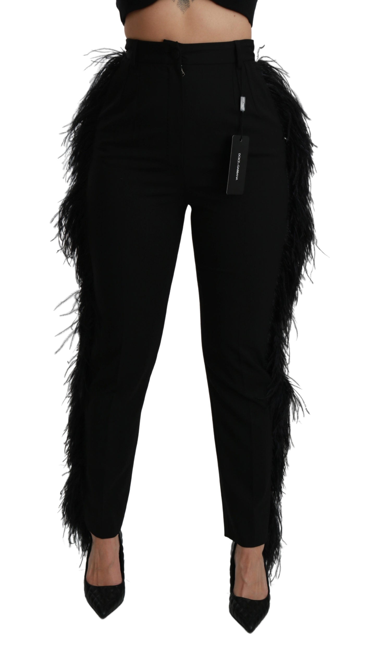 Dolce & Gabbana Black Feather Straight High Waist Wool Pants