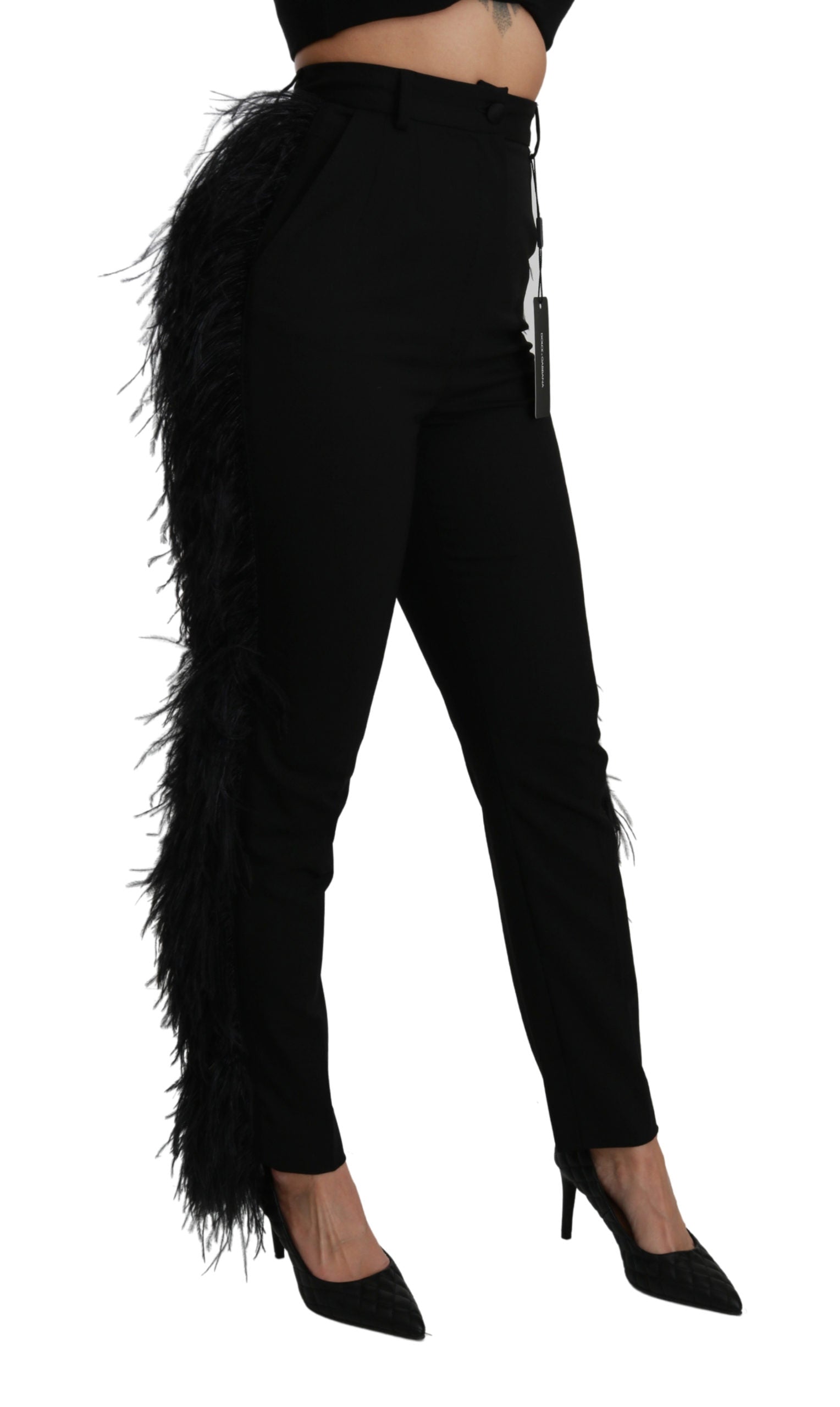 Dolce & Gabbana Black Feather Straight High Waist Wool Pants