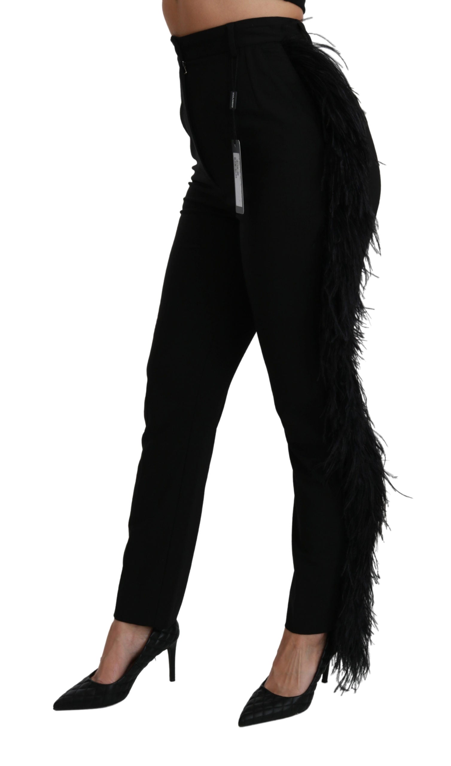 Dolce & Gabbana Black Feather Straight High Waist Wool Pants