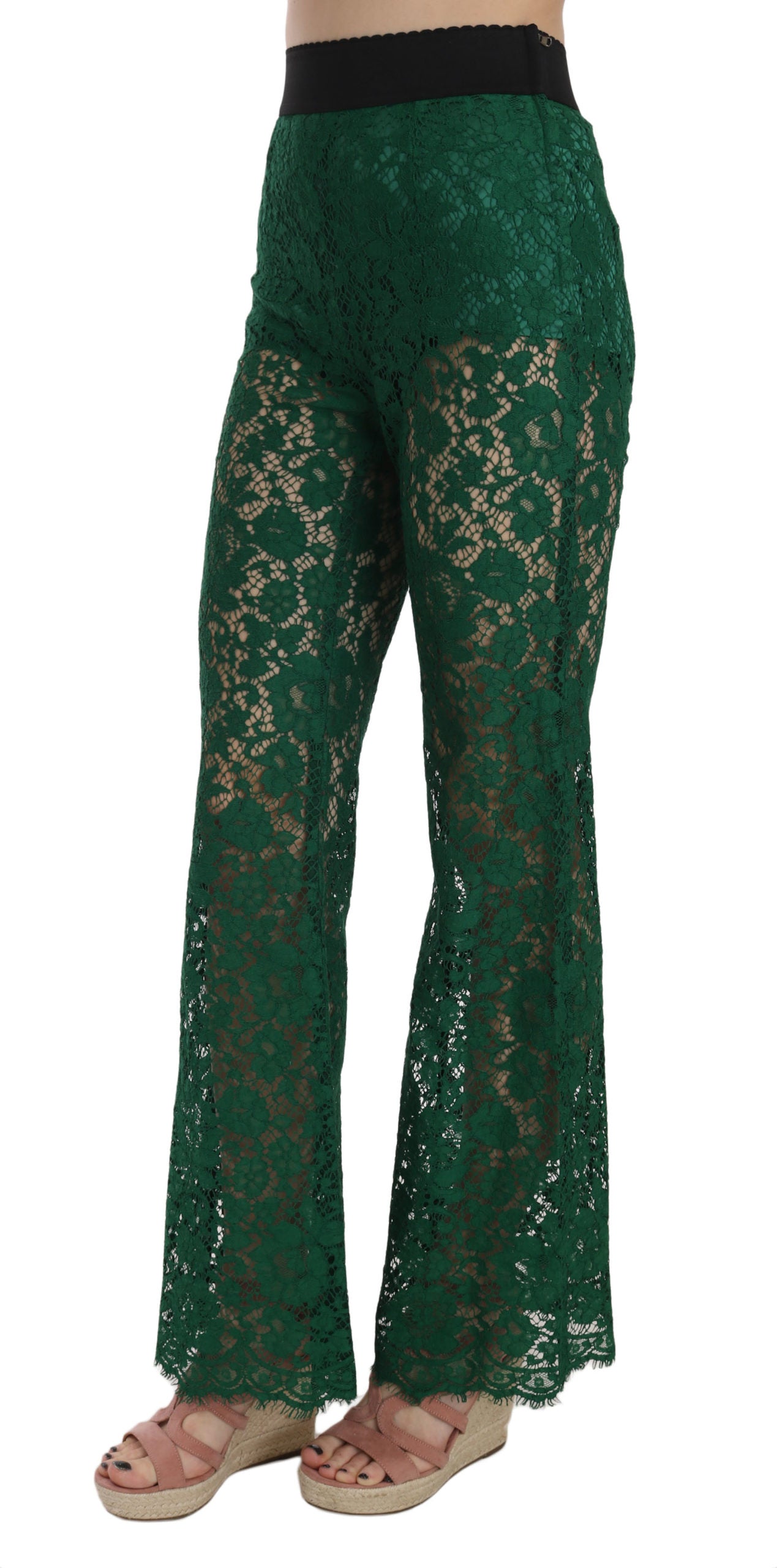 Dolce & Gabbana Floral Lace Green Palazzo Trouser Pants