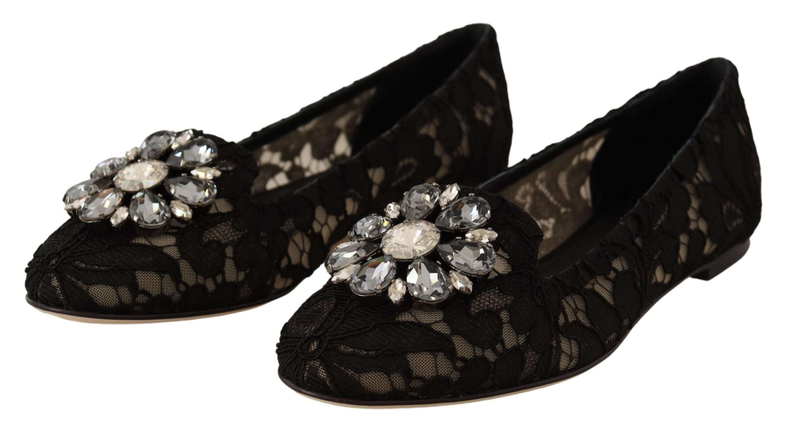 Dolce & Gabbana Black Taormina Lace Crystal Loafers Shoes