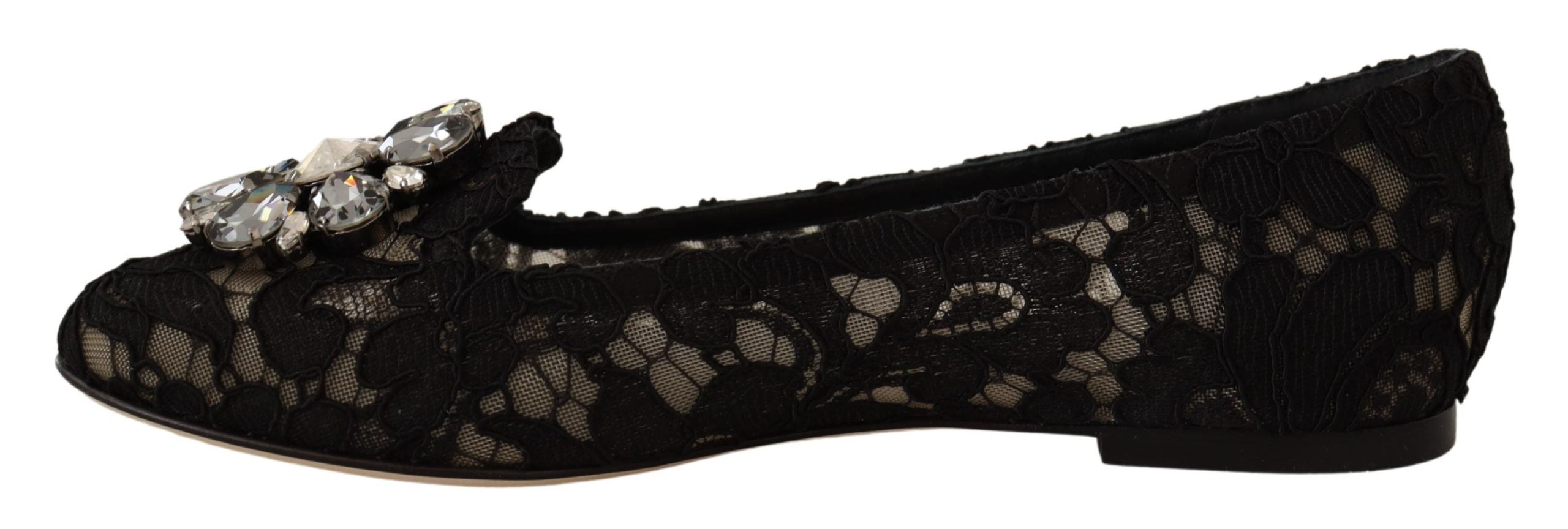 Dolce & Gabbana Black Taormina Lace Crystal Loafers Shoes