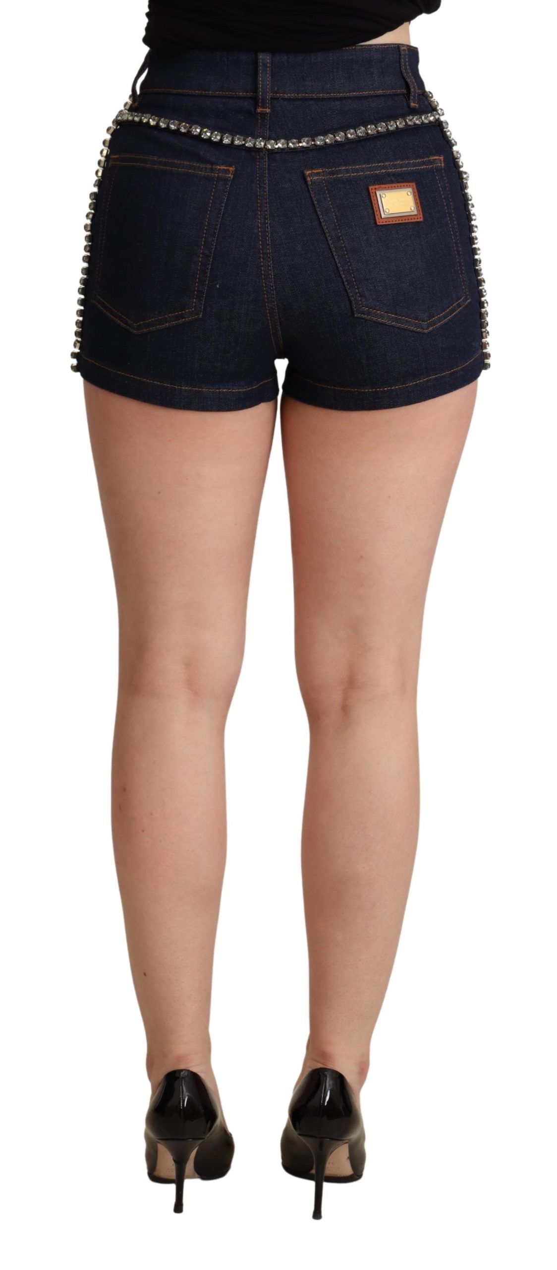 Dolce & Gabbana Dark Blue Cotton Stretch Crystal Denim Shorts