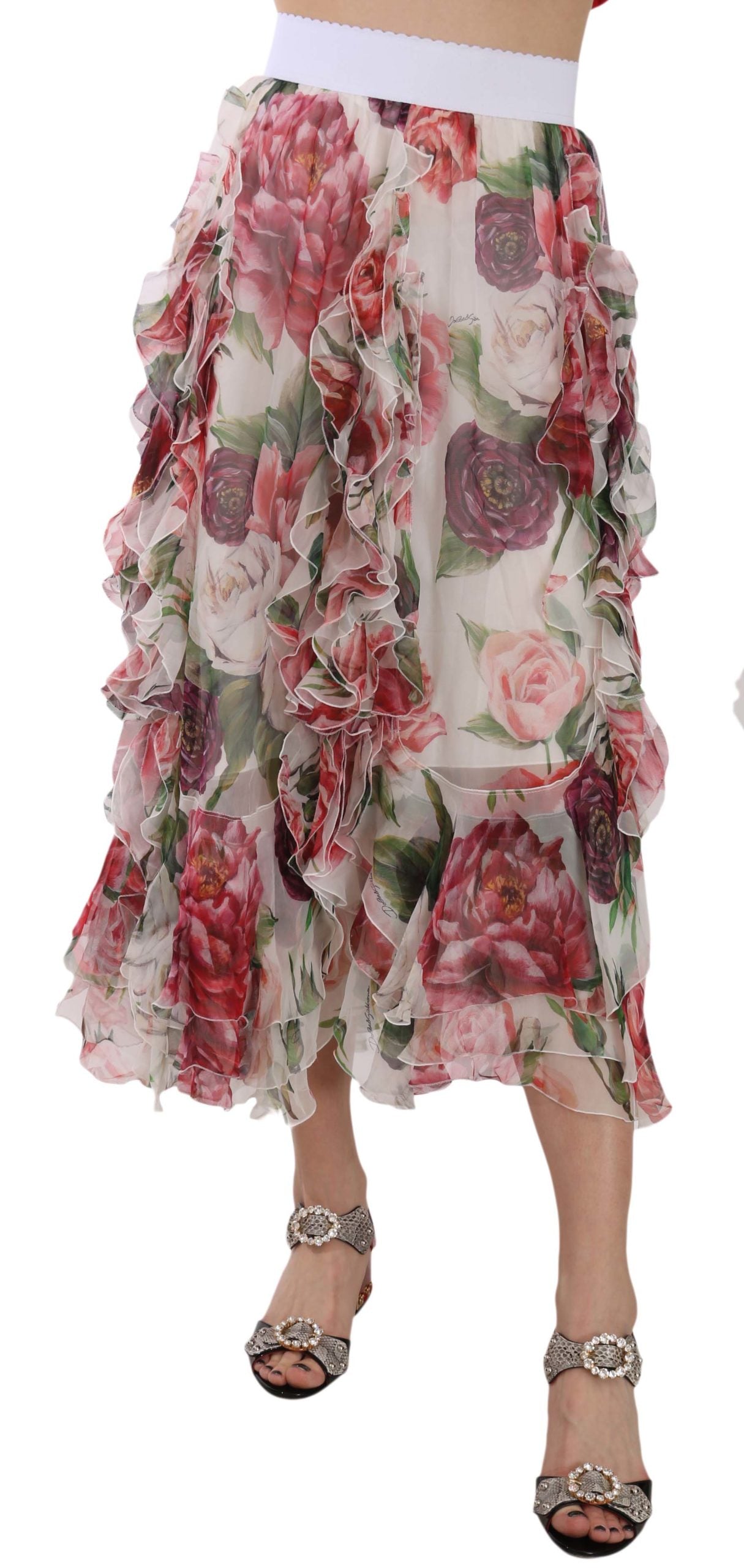 Dolce & Gabbana Multicolor Roses Silk Ruffle High Waist Skirt