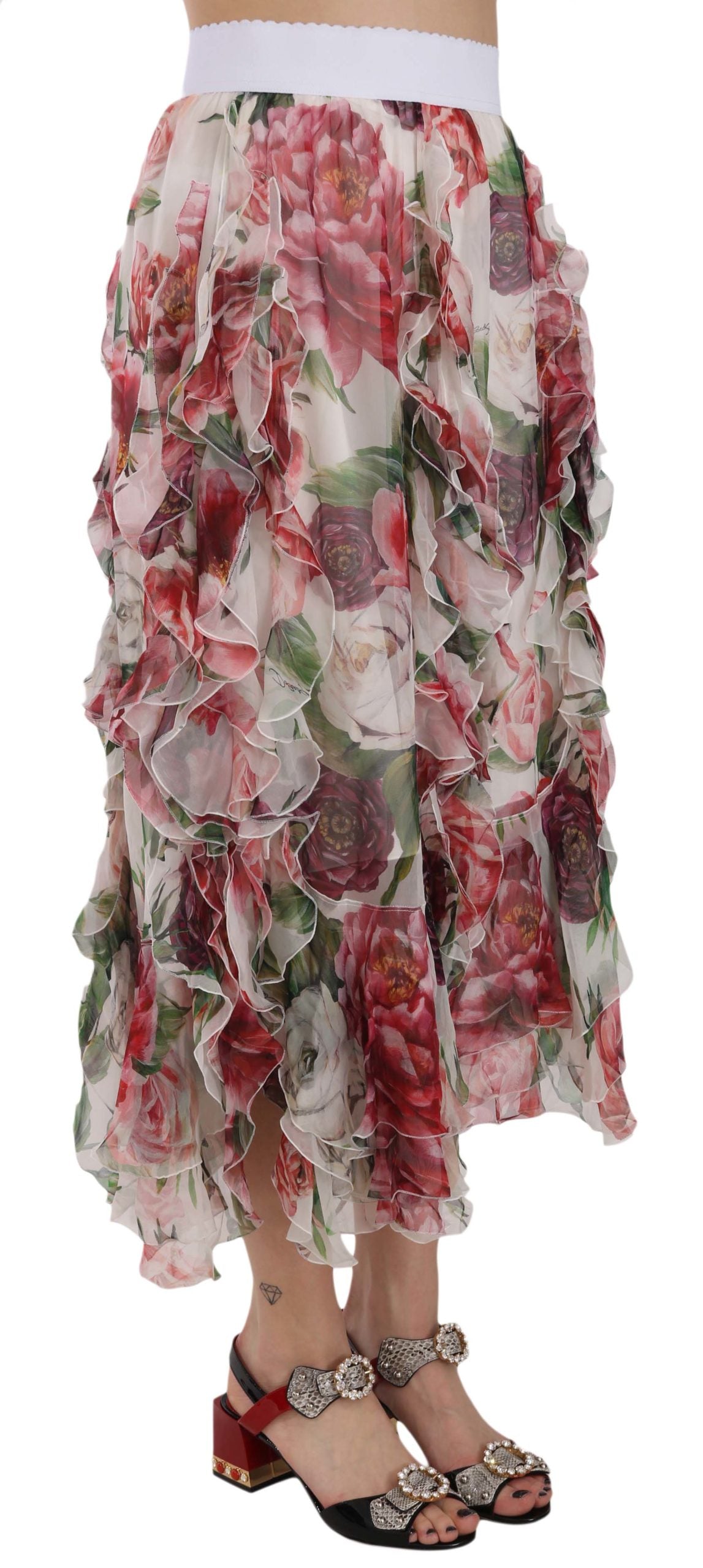 Dolce & Gabbana Multicolor Roses Silk Ruffle High Waist Skirt