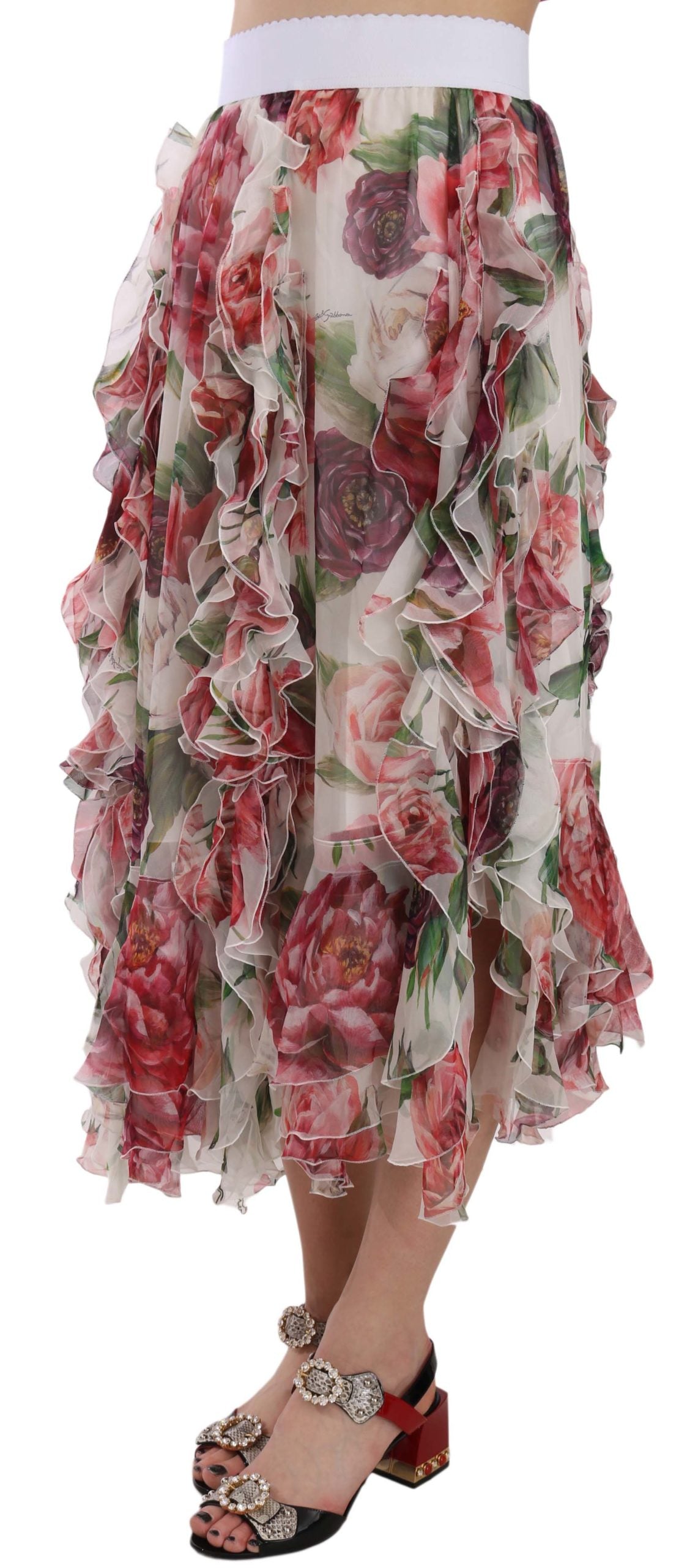 Dolce & Gabbana Multicolor Roses Silk Ruffle High Waist Skirt