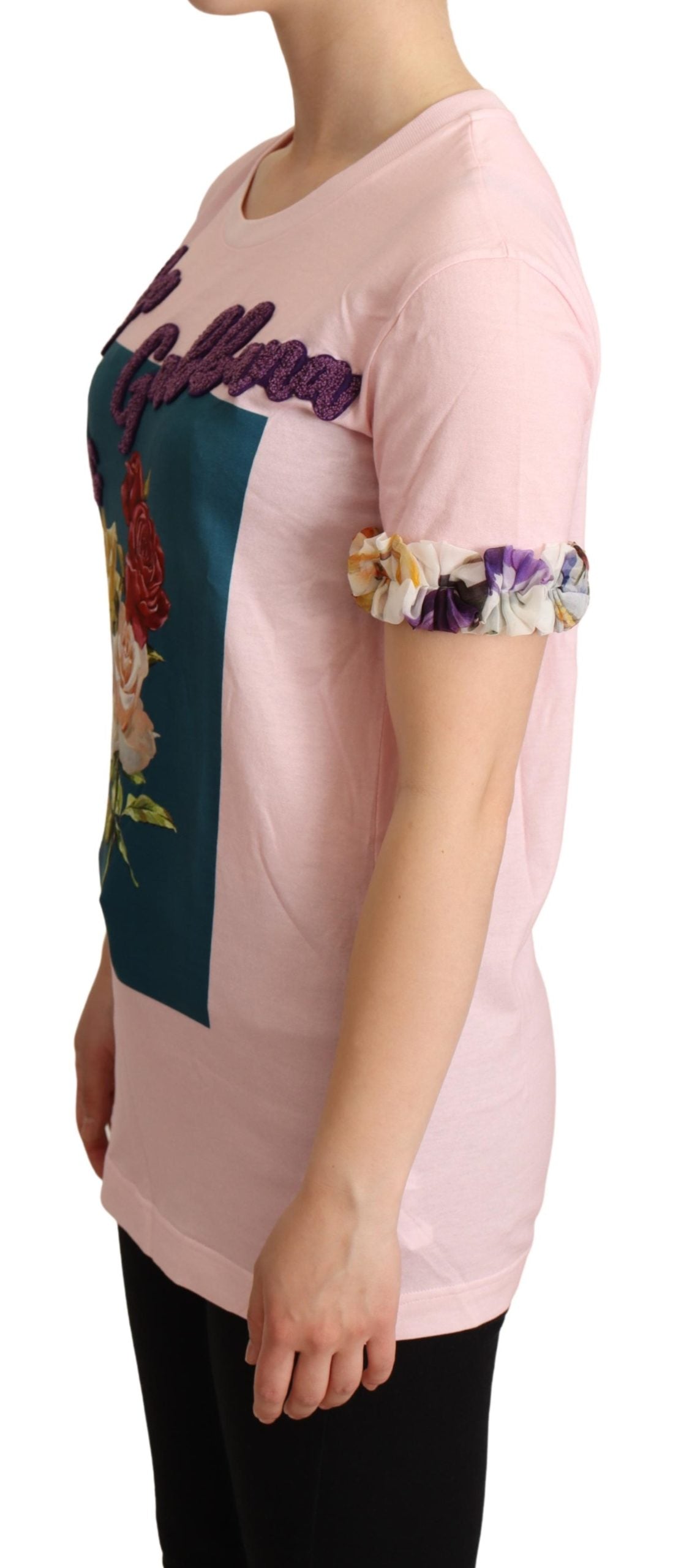 Dolce & Gabbana Pink Cotton Floral Roses Crewneck T-shirt