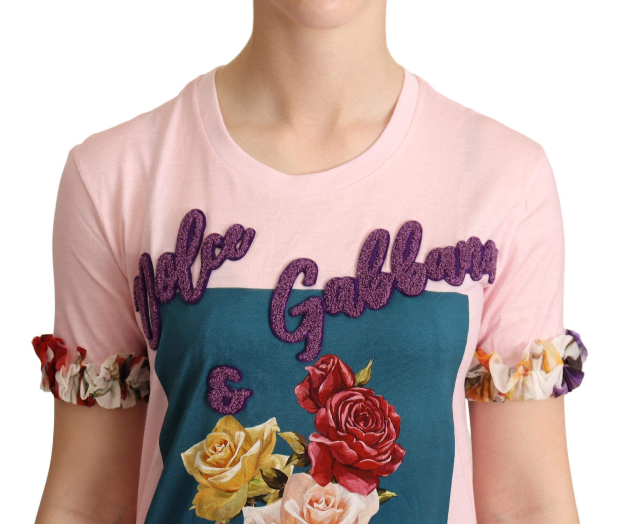 Dolce & Gabbana Pink Cotton Floral Roses Crewneck T-shirt