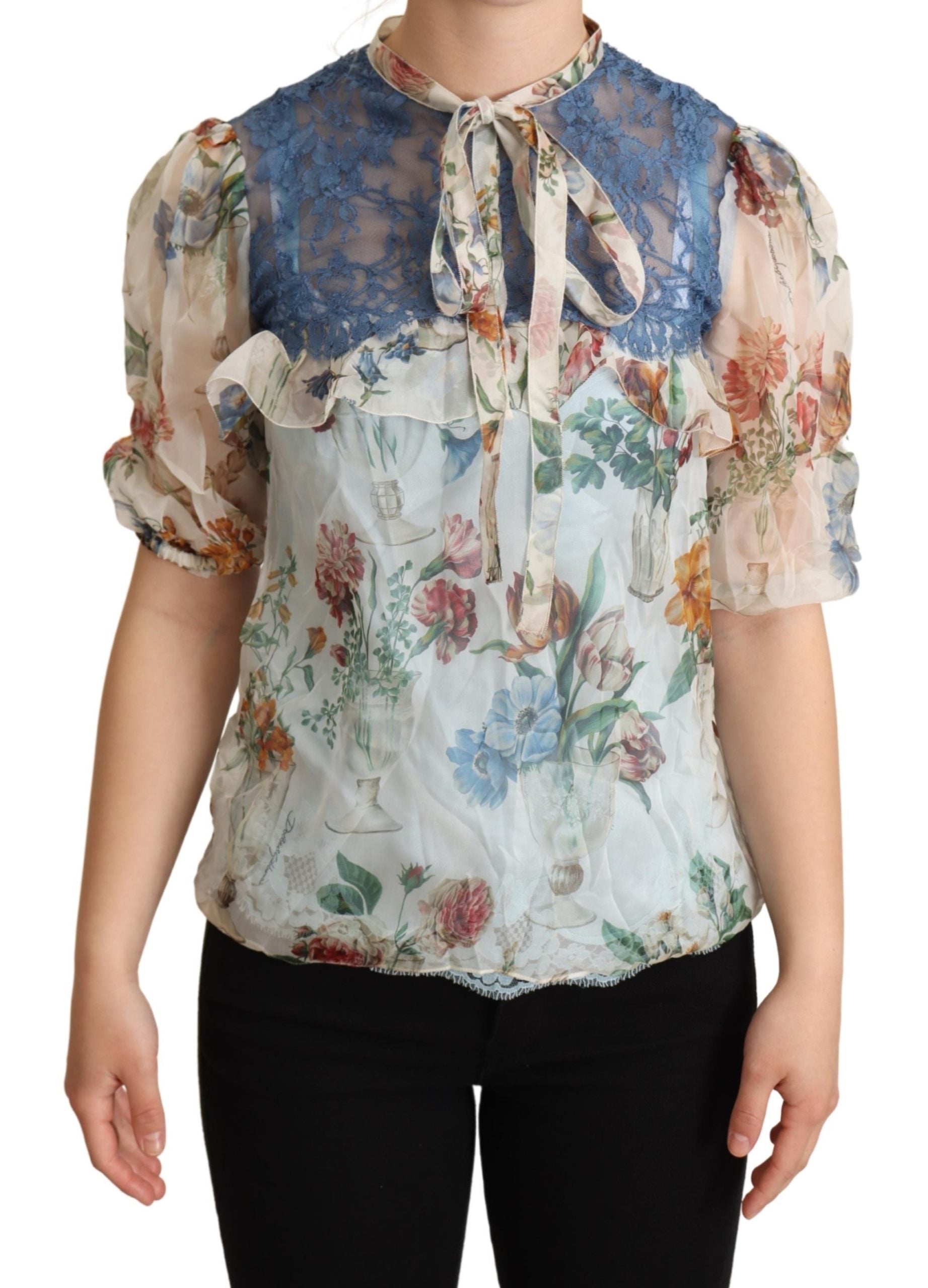 Dolce & Gabbana Multicolor Floral Ascot Collar Blouse Top