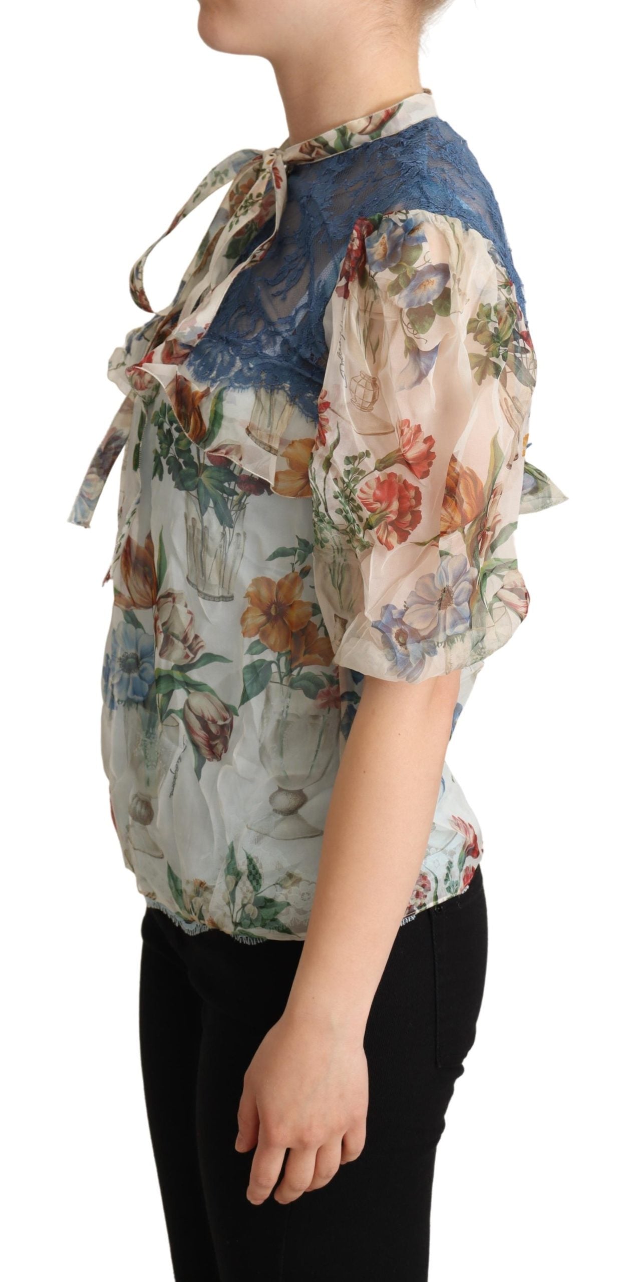 Dolce & Gabbana Multicolor Floral Ascot Collar Blouse Top