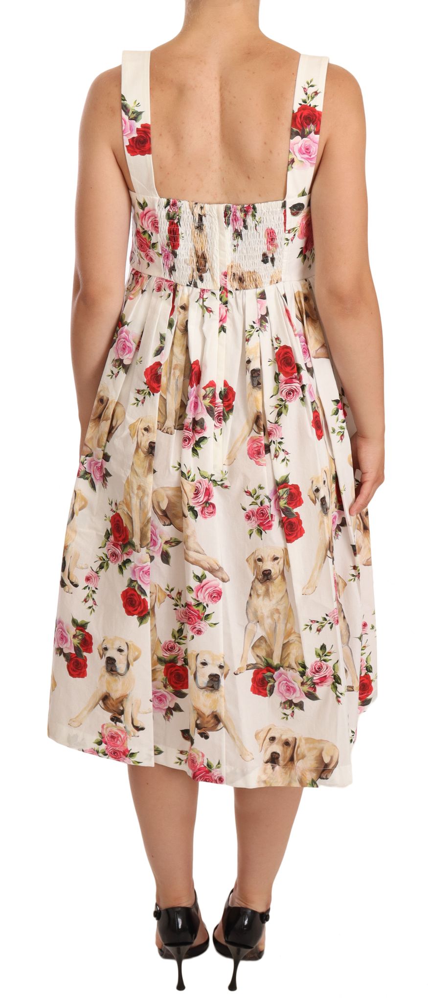 Dolce & Gabbana White Floral Dog Print Cotton Pleated Gown Dress