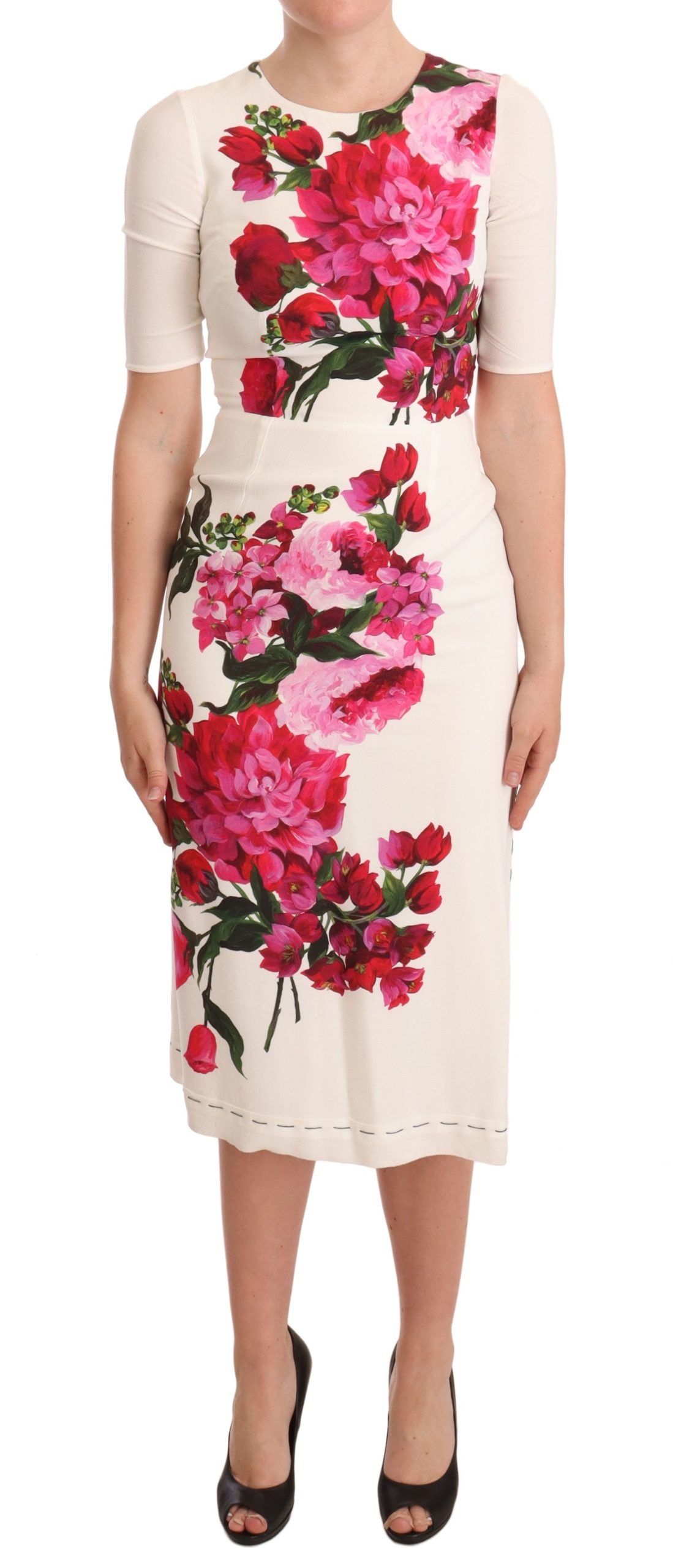 Dolce & Gabbana White Floral Printed Crepe Midi Slit Dress