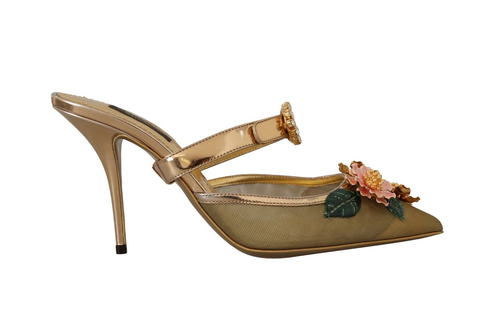 Dolce & Gabbana Gold Crystal Floral Decor Heels Sandals Shoes