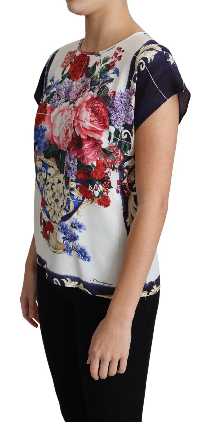 Dolce & Gabbana Multicolor Silk Flower Vase Short Sleeves Blouse Top