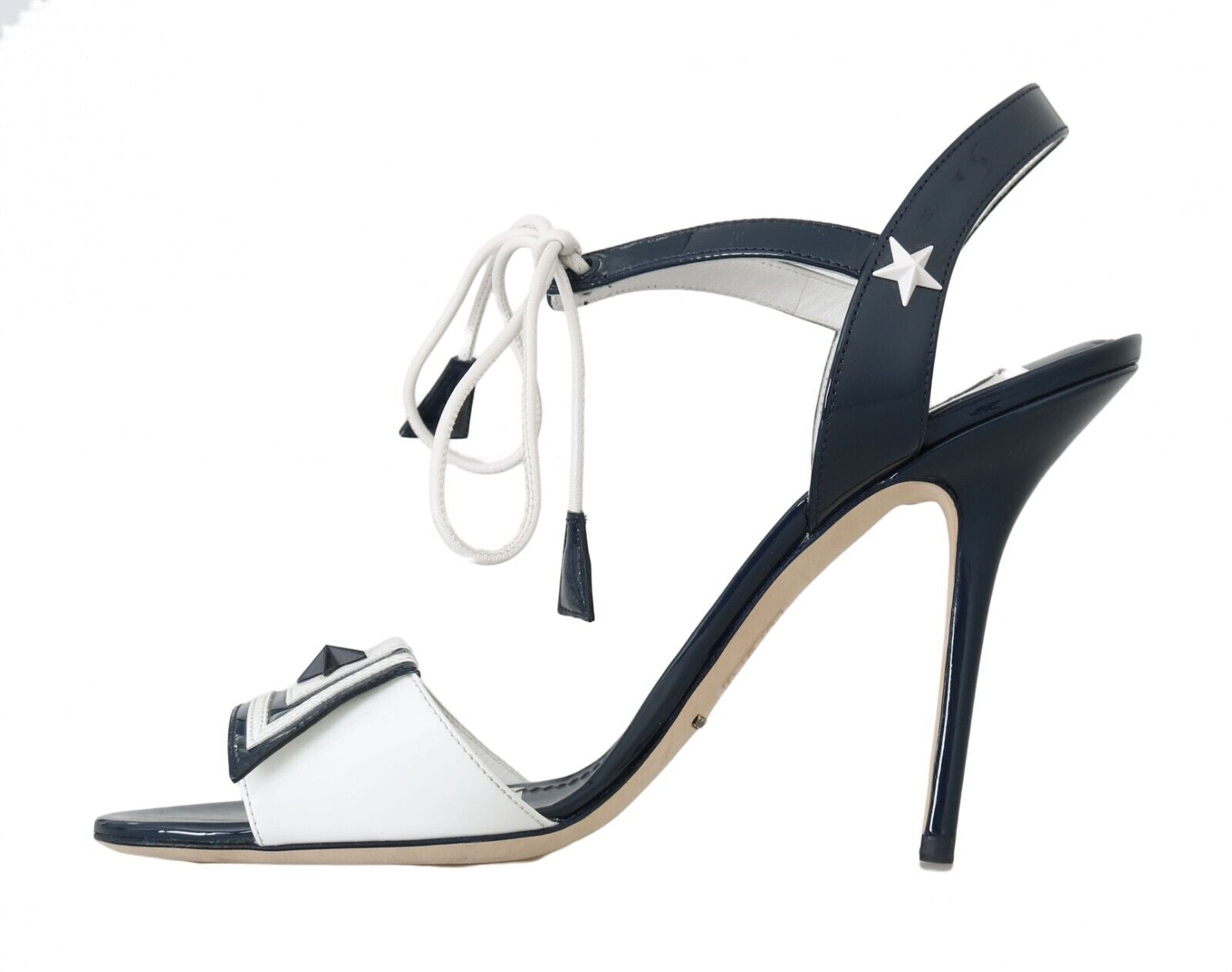 Dolce & Gabbana White Blue Stripes Leather Heels Sandals Shoes