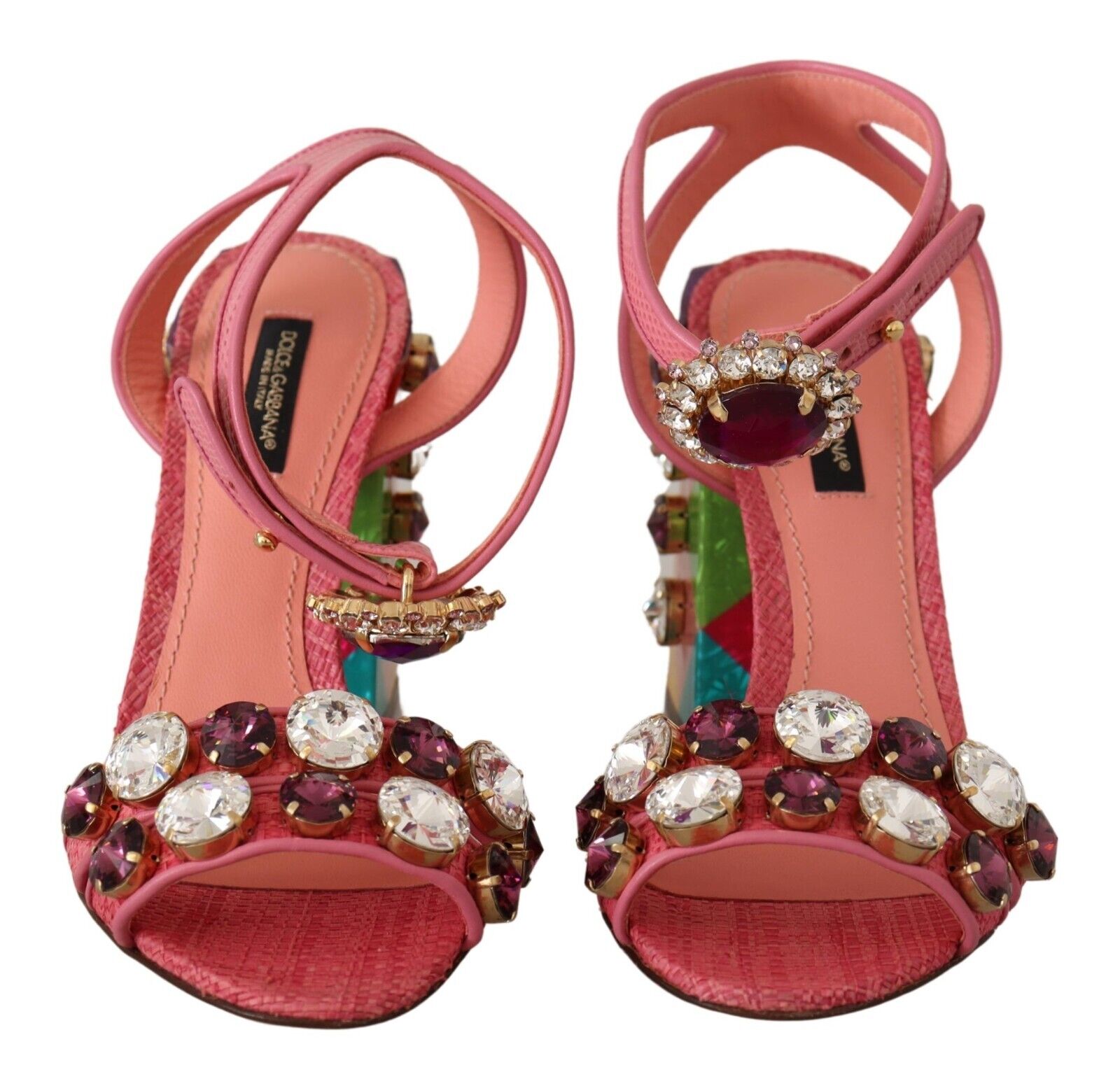 Dolce & Gabbana Pink Leather Crystal Block Heels Sandals Shoes