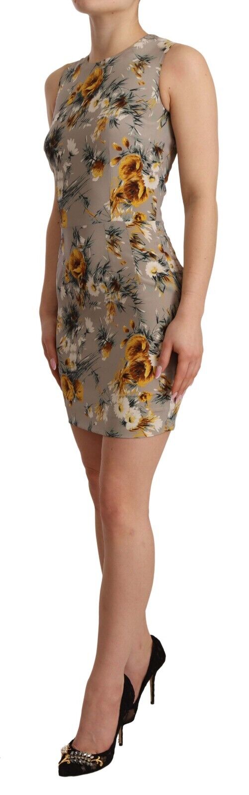 Dolce & Gabbana Gray Silk Stretch Floral Sheath Mini Dress