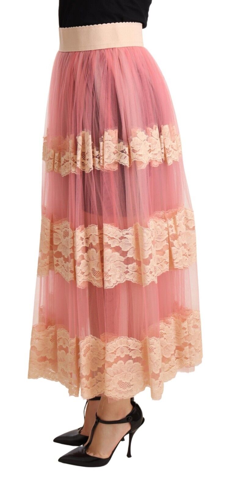 Dolce & Gabbana Pink Lace Nylon Mesh A-line Sheer Midi Skirt