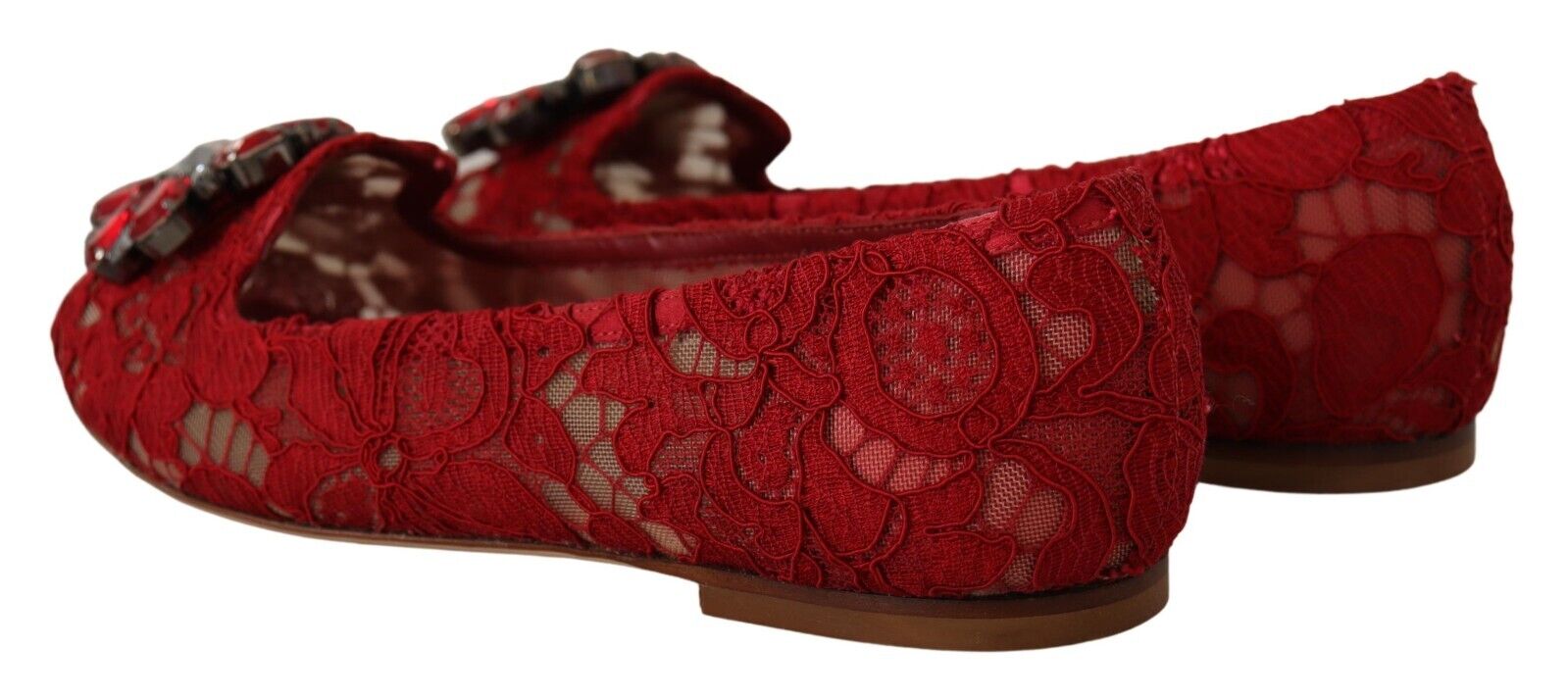 Dolce & Gabbana Red Lace Crystal Ballet Flats Loafers Shoes