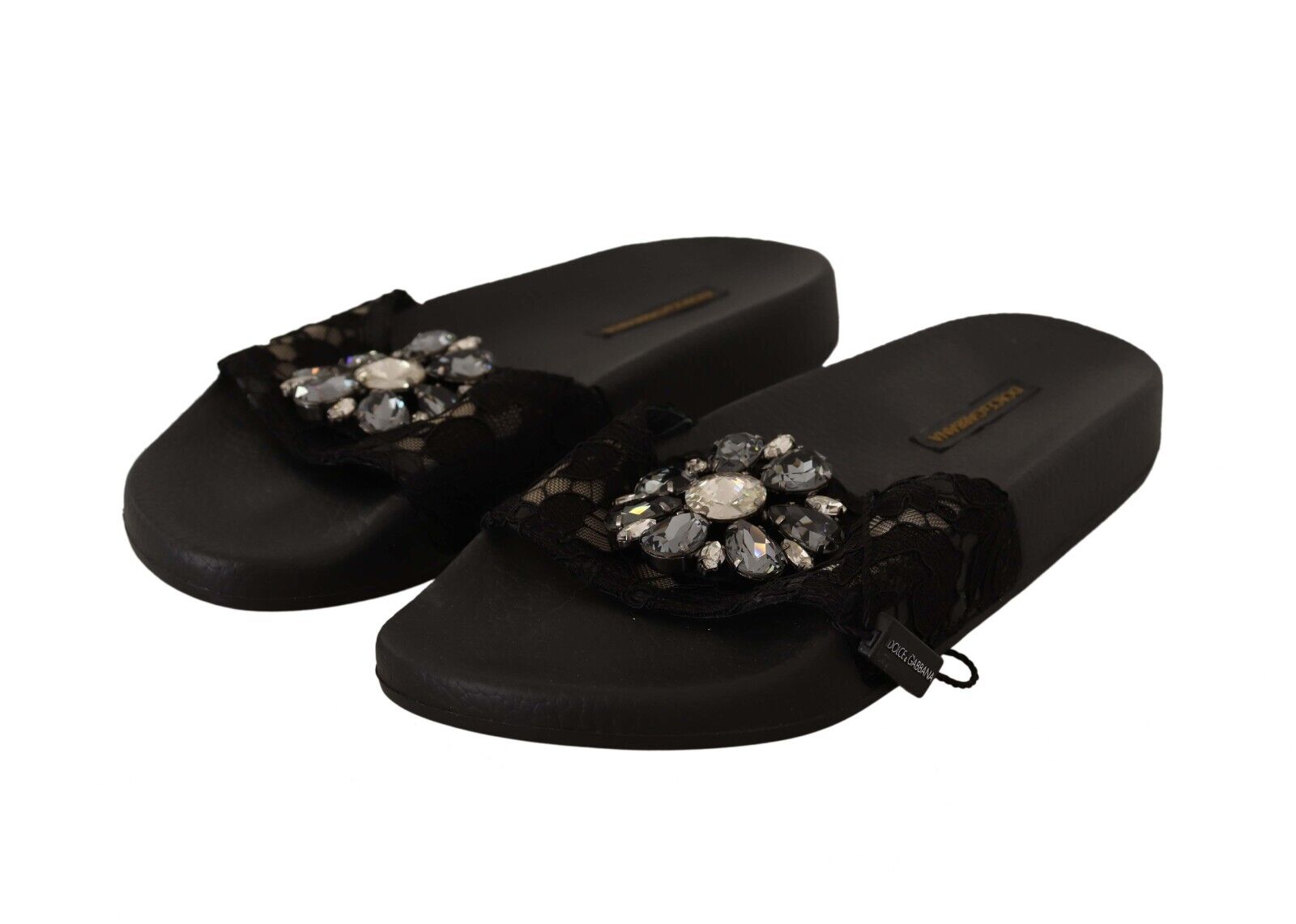 Dolce & Gabbana Black Lace Crystal Sandals Slides Beach Shoes