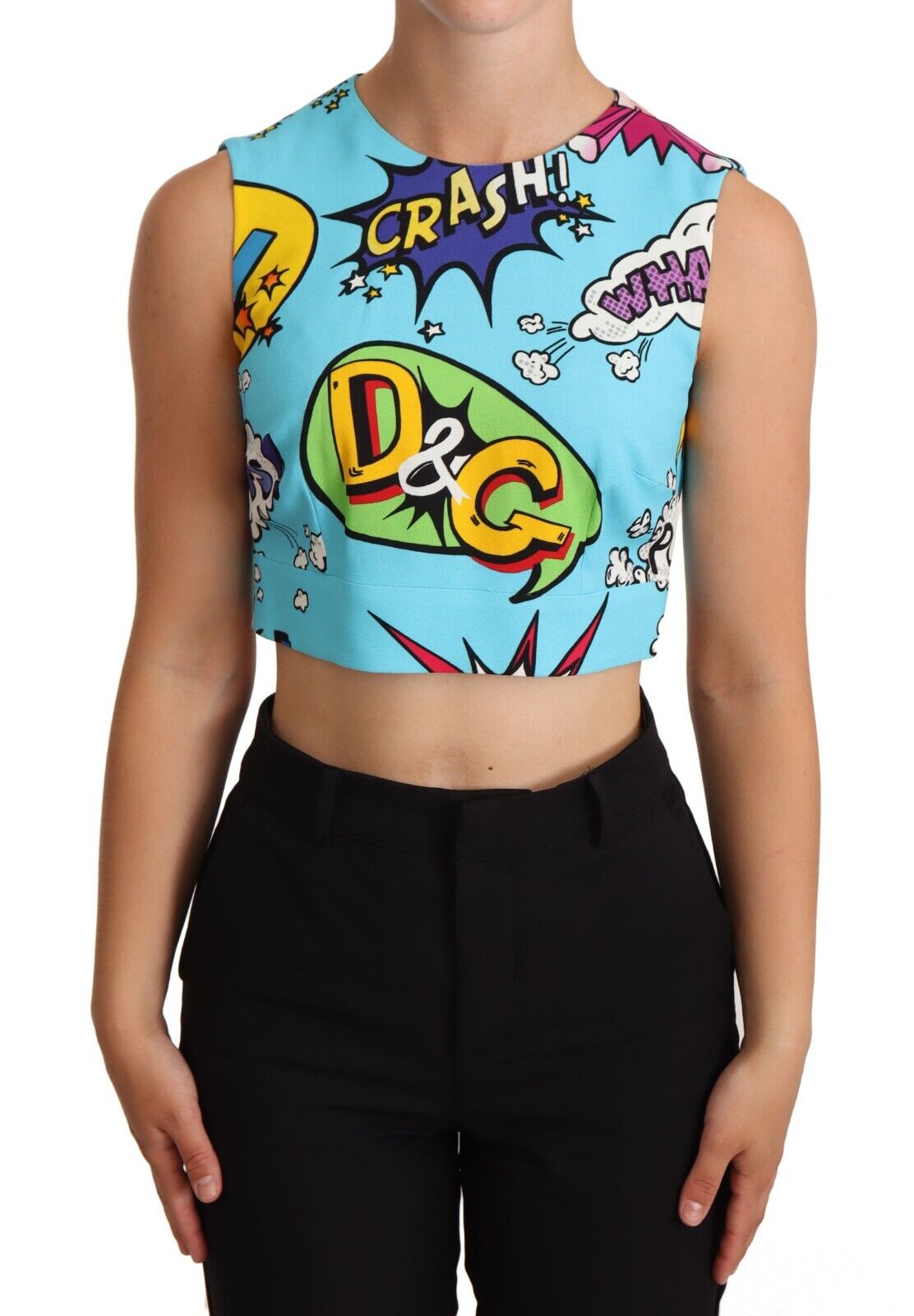 Dolce & Gabbana Blue Cartoon Cropped Tank Top Blouse