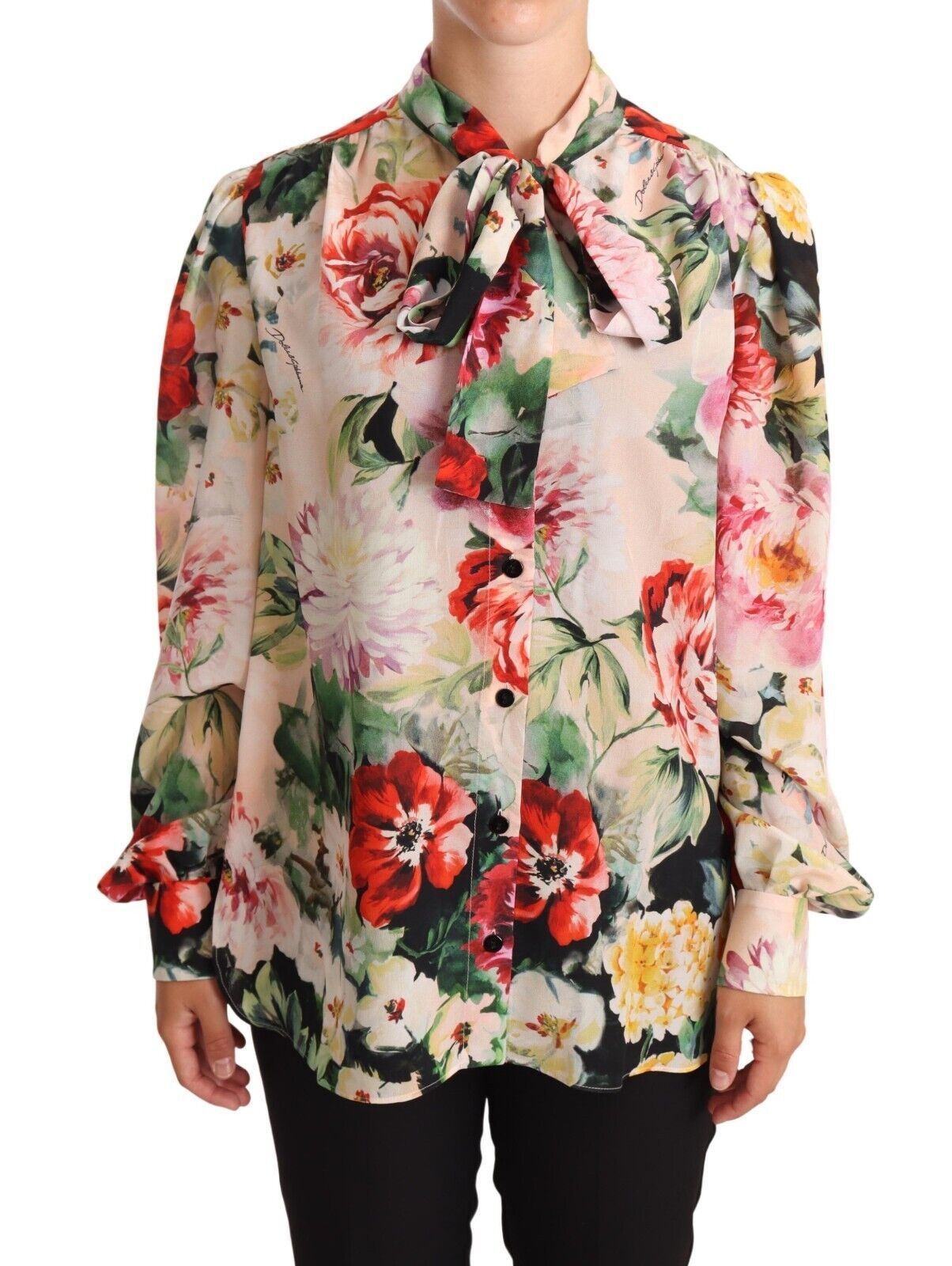 Dolce & Gabbana Multicolor Floral Print Ascot Collar Top Blouse