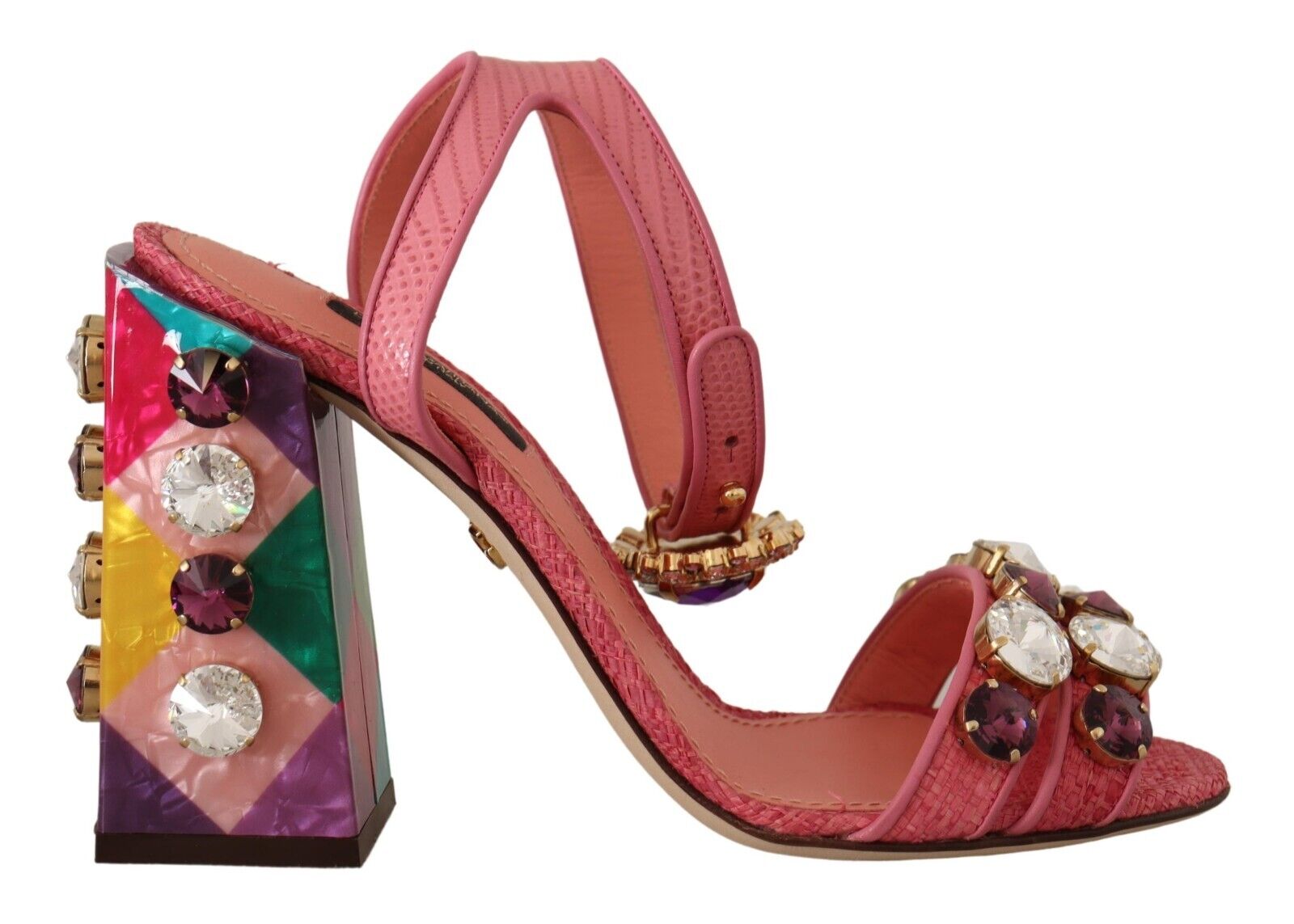 Dolce & Gabbana Pink Leather Crystal Block Heels Sandals Shoes