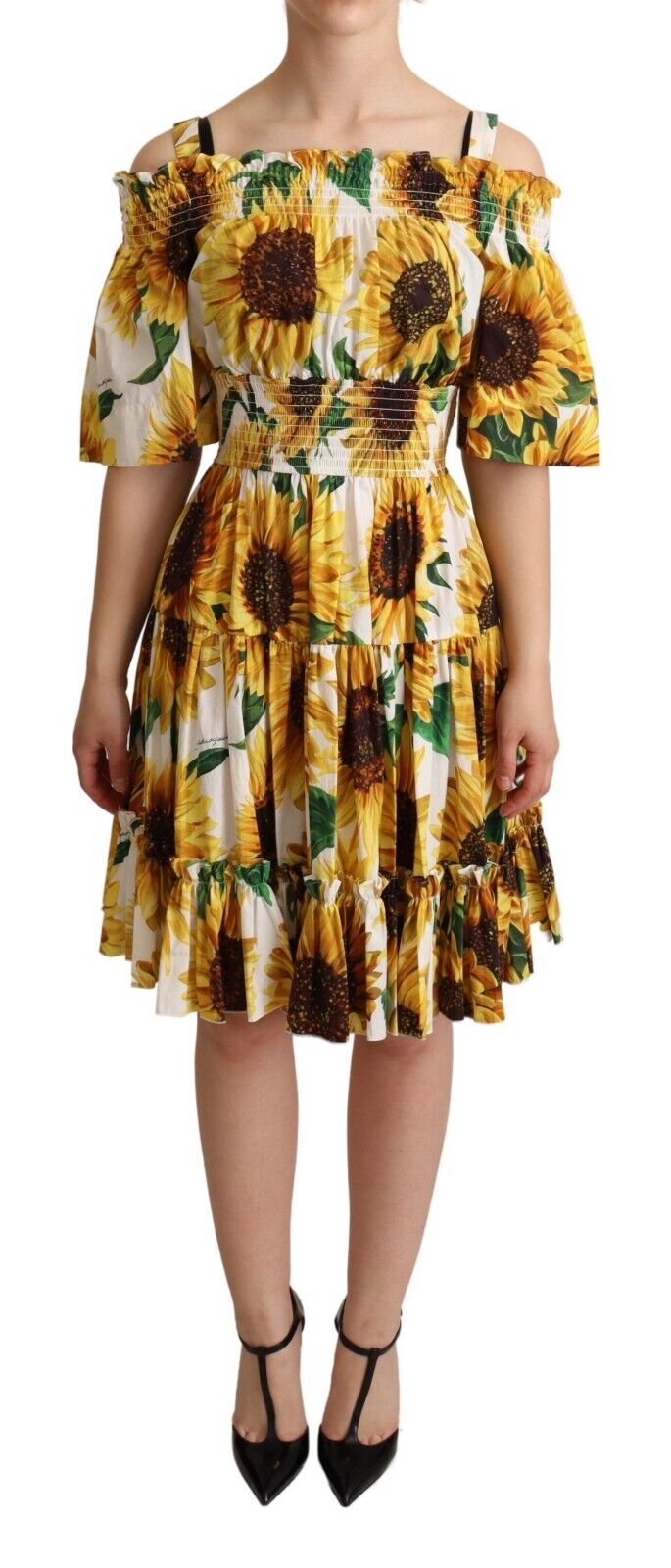 Dolce & Gabbana Yellow Sunflowers Print Open Shoulder Dress