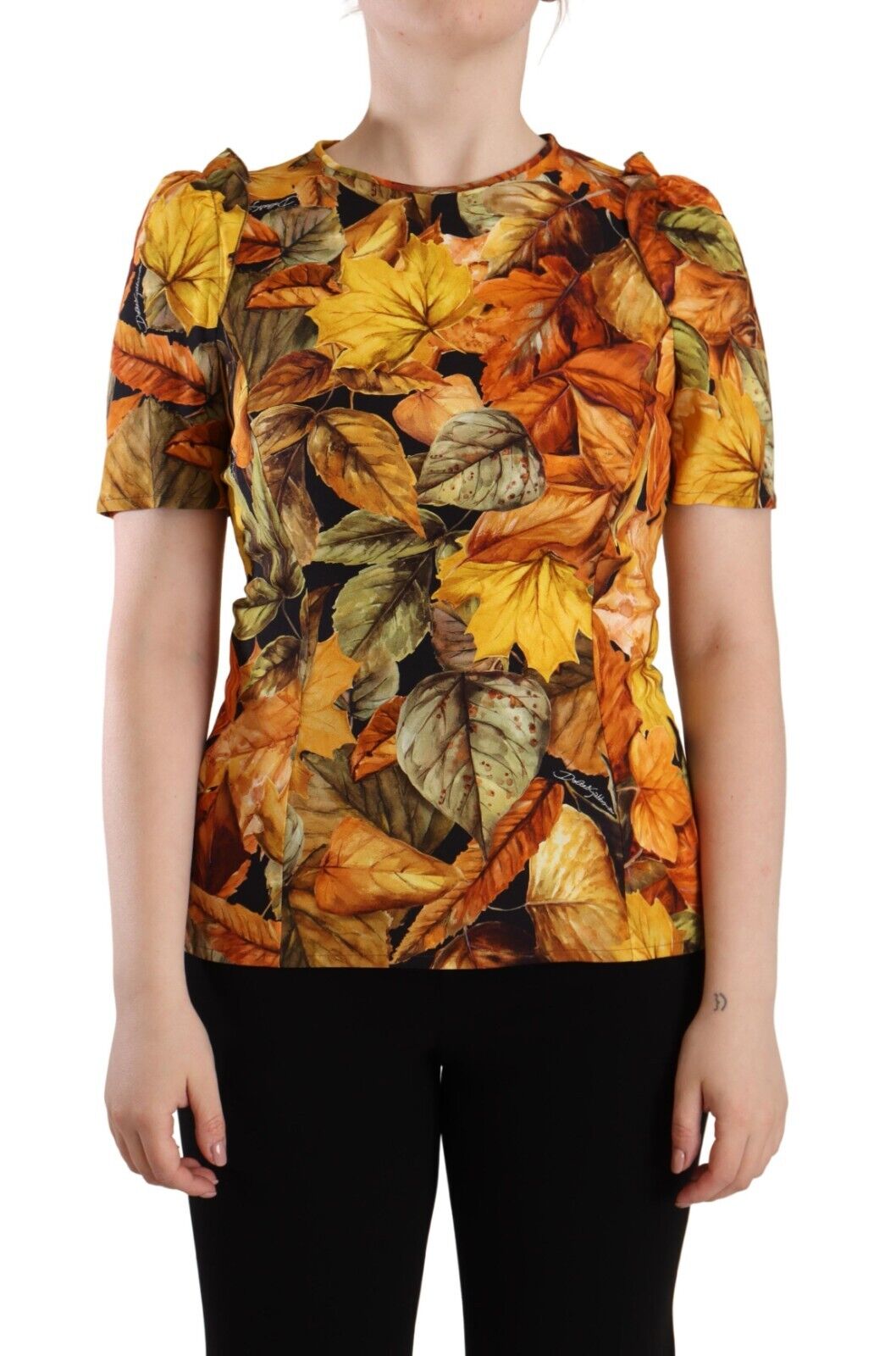 Dolce & Gabbana Multicolor Leaves Print Viscose Round Neck Blouse Top