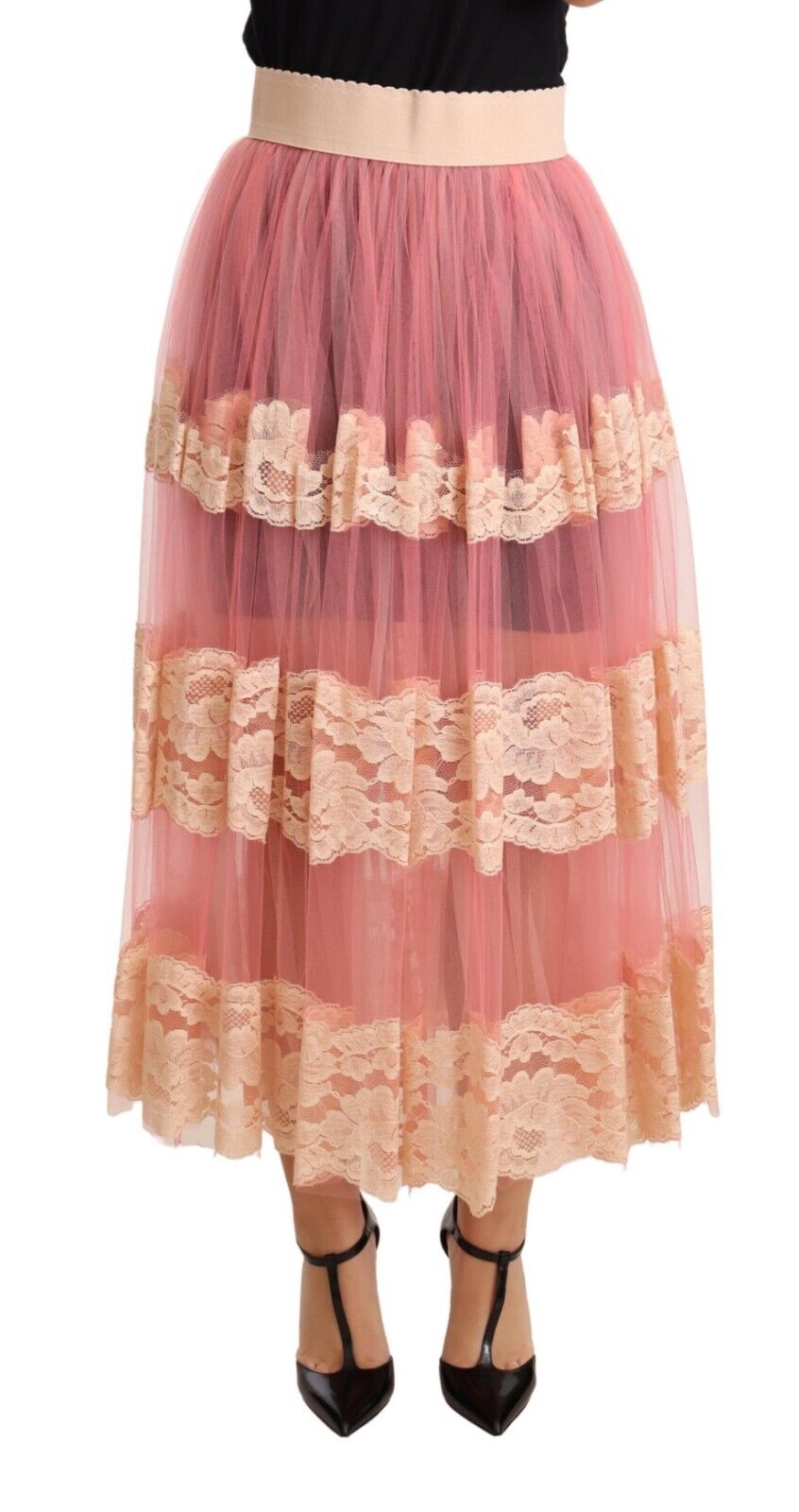 Dolce & Gabbana Pink Lace Nylon Mesh A-line Sheer Midi Skirt