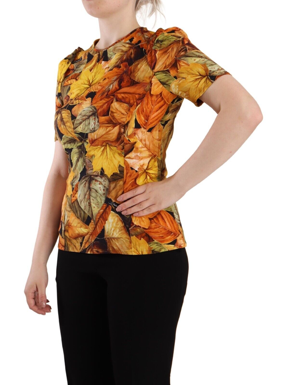 Dolce & Gabbana Multicolor Leaves Print Viscose Round Neck Blouse Top