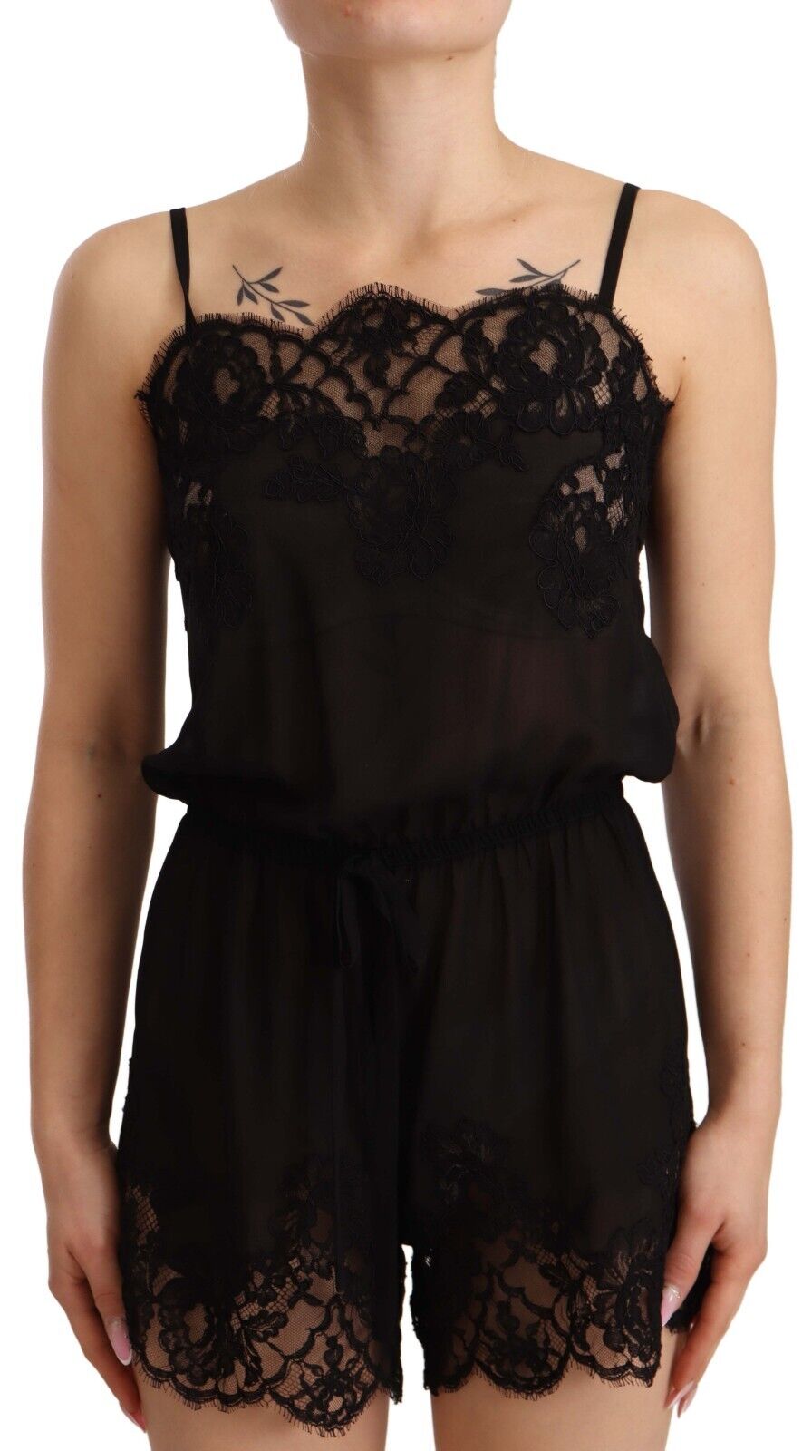 Dolce & Gabbana Black Silk Romper Lace Trim Sleepwear Lingerie