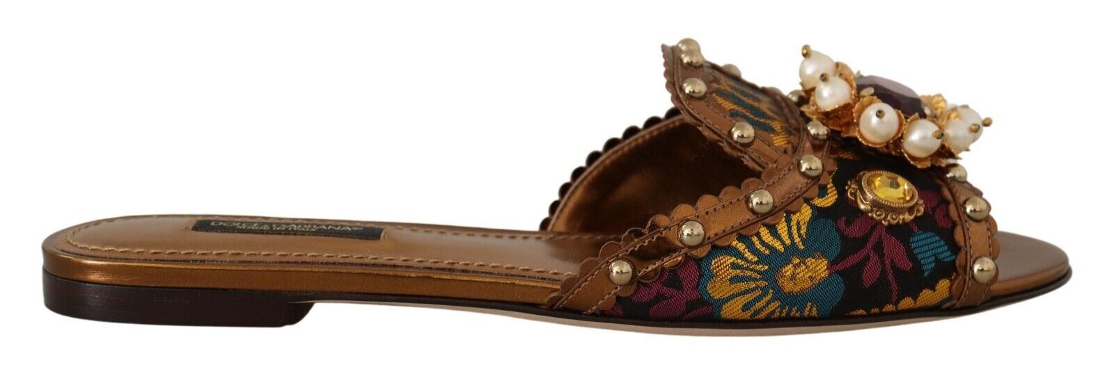 Dolce & Gabbana Multicolor Floral Embellished Slides Flats Shoes