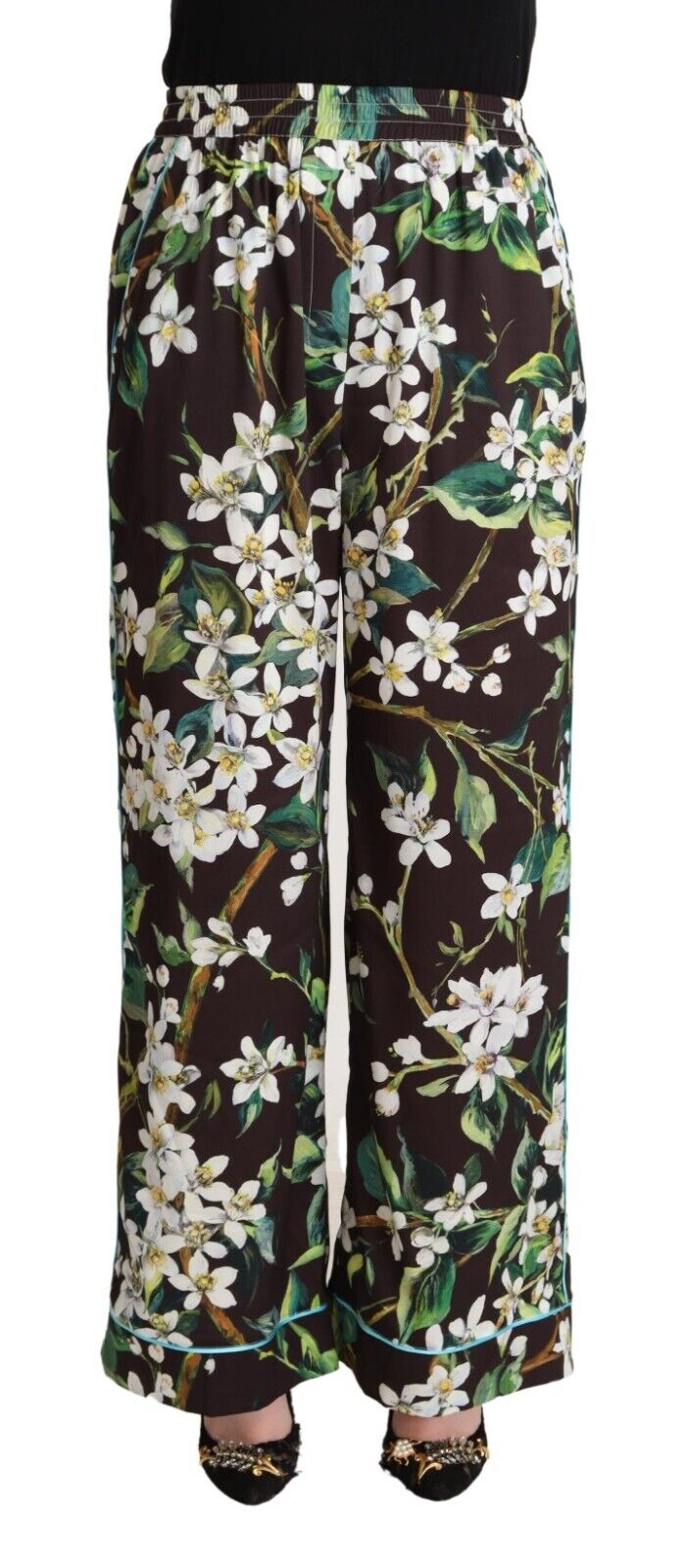 Dolce & Gabbana Black Lily Print Mid Waist Wide Leg Pants