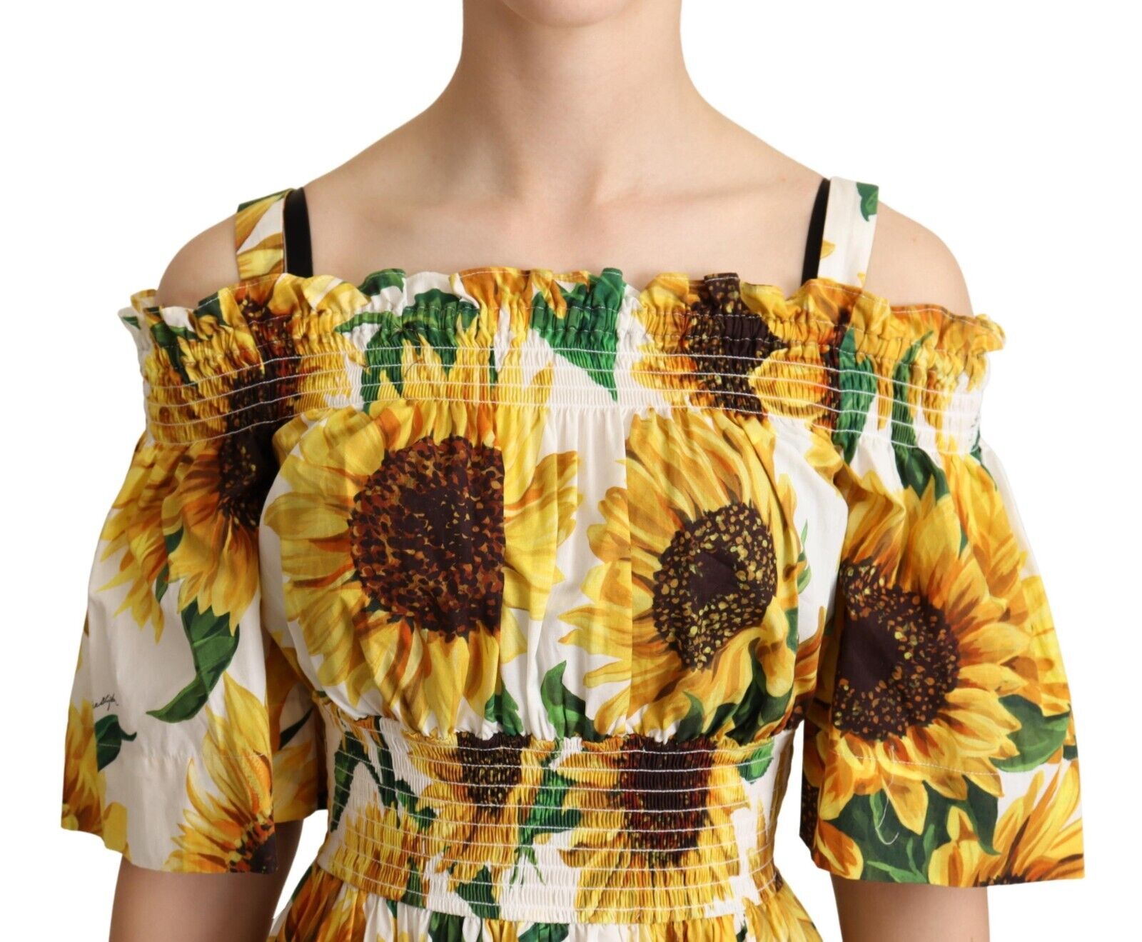 Dolce & Gabbana Yellow Sunflowers Print Open Shoulder Dress