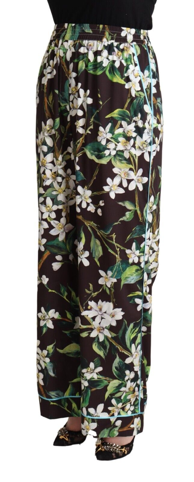 Dolce & Gabbana Black Lily Print Mid Waist Wide Leg Pants