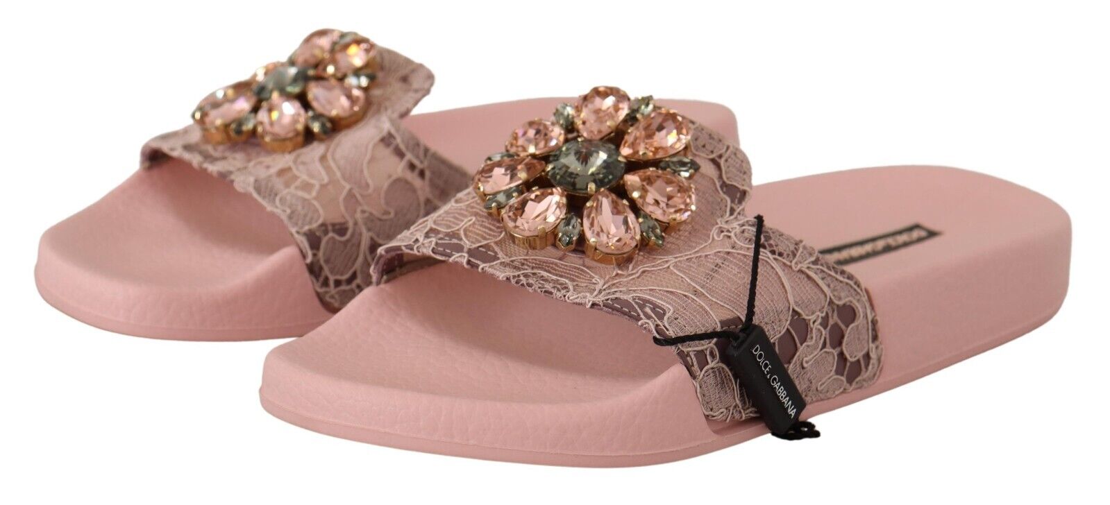 Dolce & Gabbana Pink Lace Crystal Sandals Slides Beach Shoes