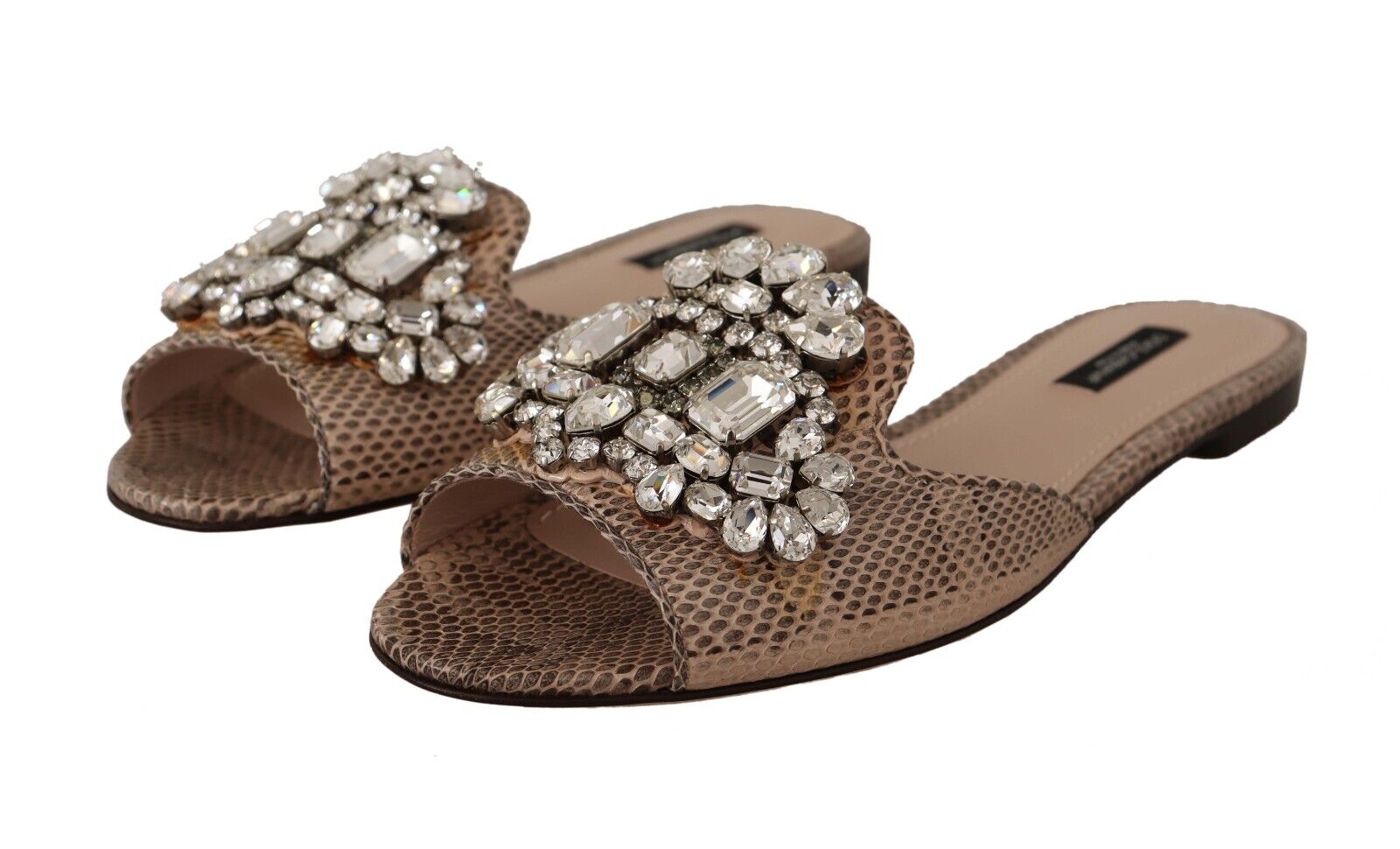 Dolce & Gabbana Nude Leather Crystal Sandals Flats Slides Shoes