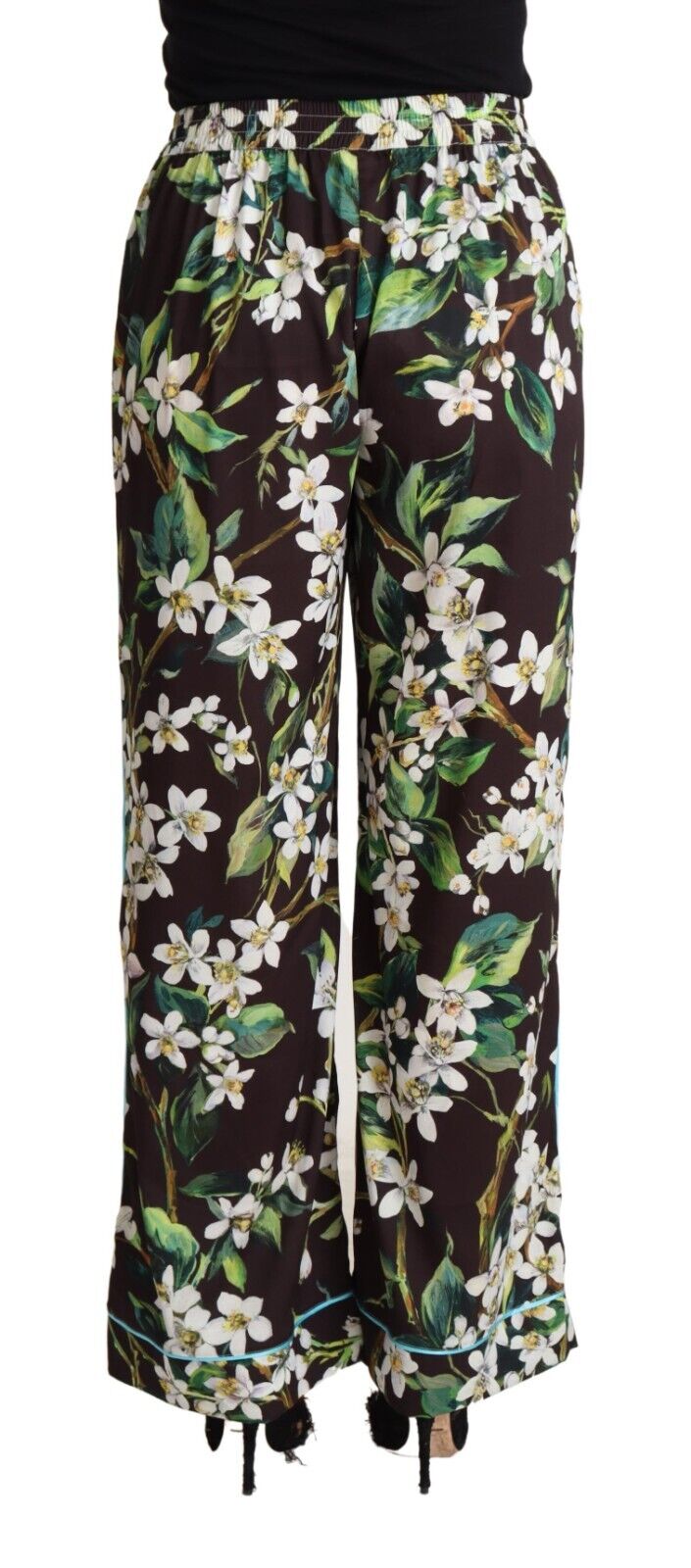 Dolce & Gabbana Black Lily Print Mid Waist Wide Leg Pants