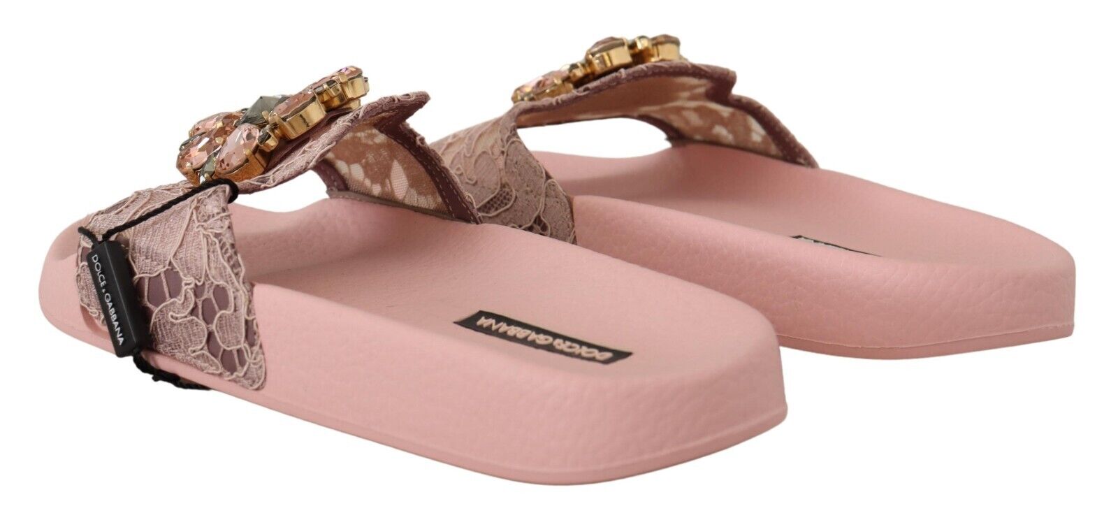 Dolce & Gabbana Pink Lace Crystal Sandals Slides Beach Shoes