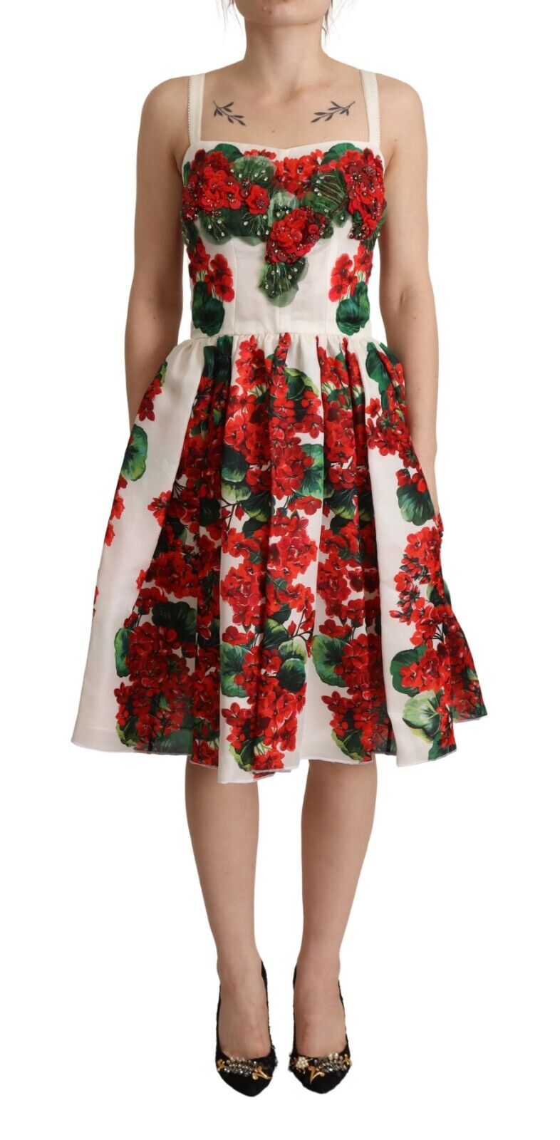 Dolce & Gabbana White Geranium Embellished Print A-line Dress