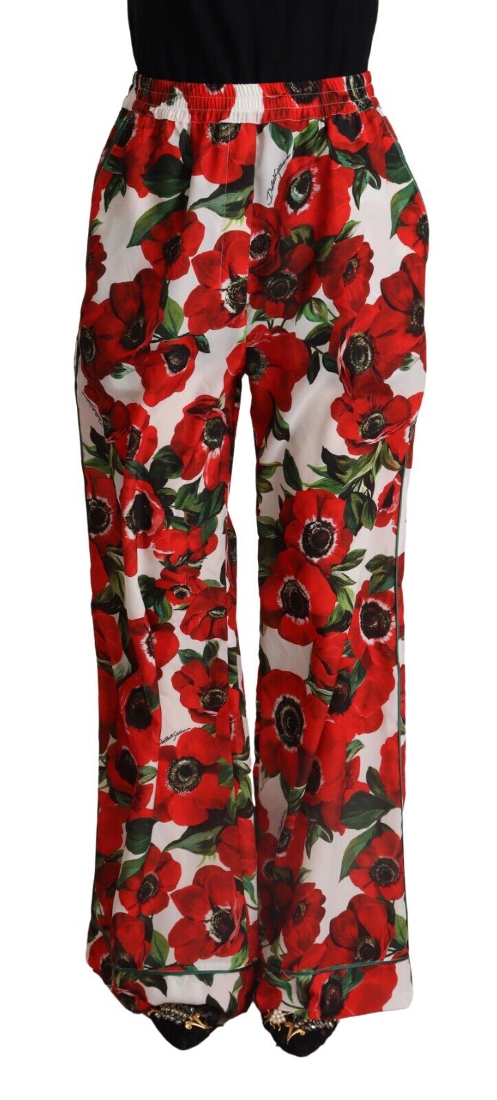 Dolce & Gabbana White Red Anemone Mid Waist Wide Leg Pants